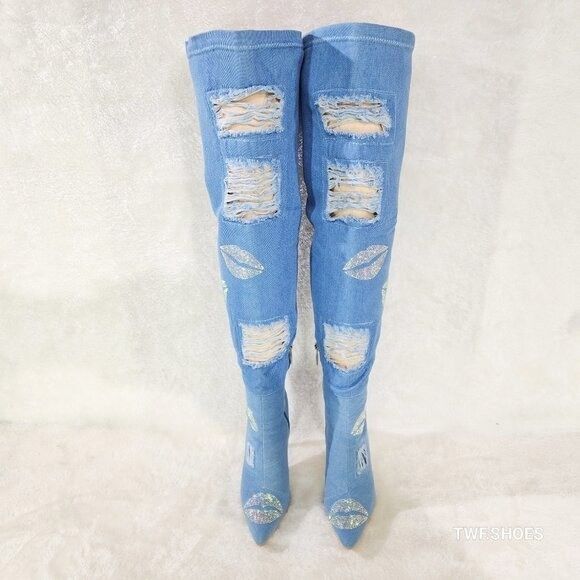 Other Kiss My - Blue Distressed Denim Thigh High Boots With Rhines Size US 11 / IT 41 - 2 Thumbnail