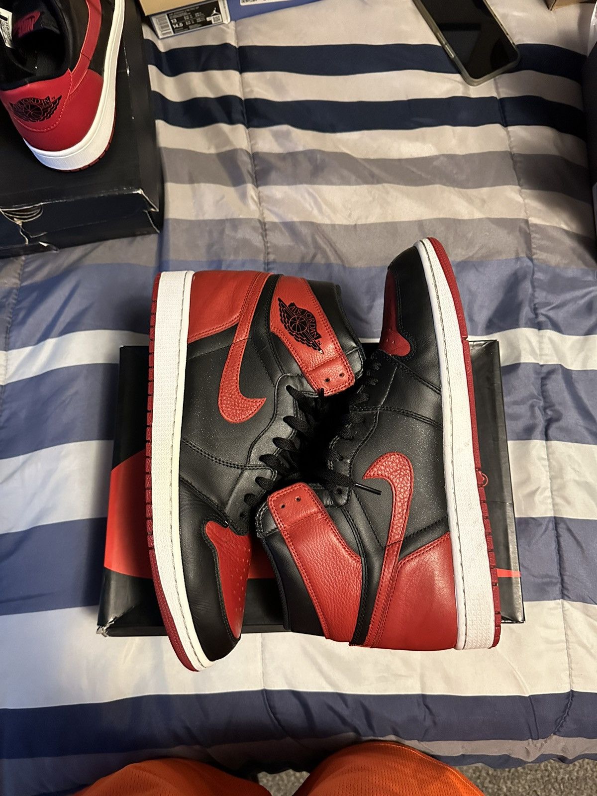 image of Jordan Brand Retro 1 Bred High 2016 Shoes in Black, Men's (Size 14)