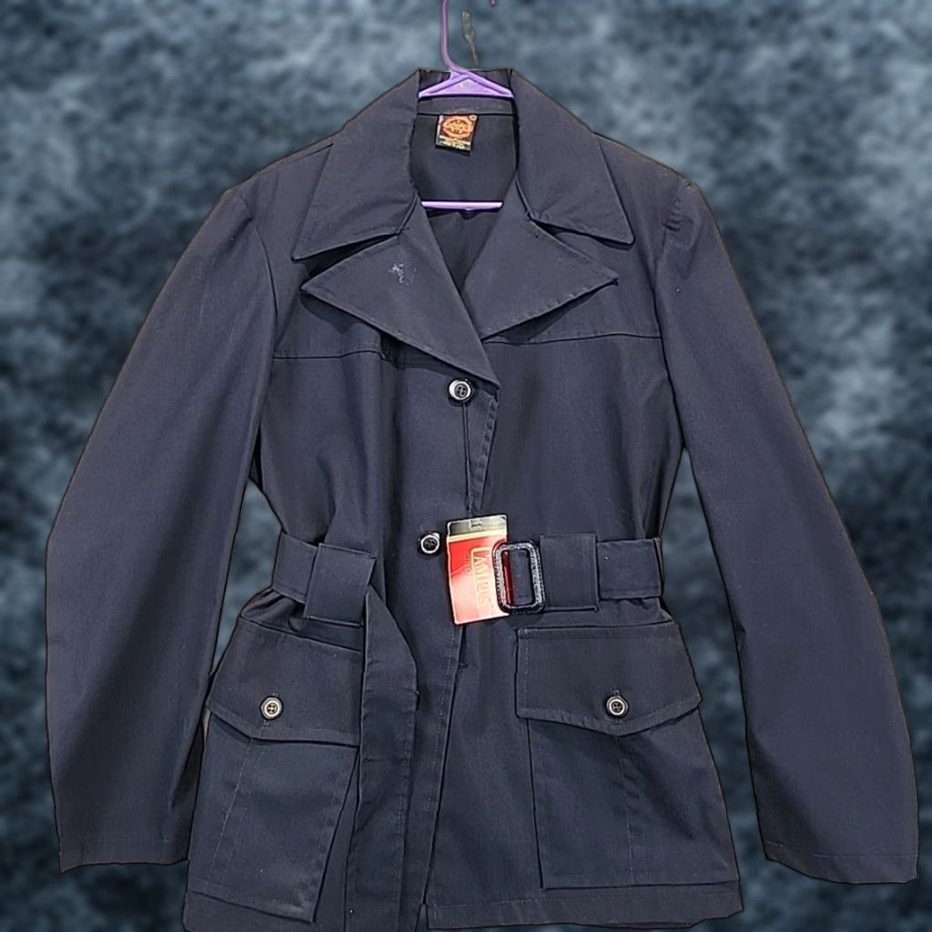 VINTAGE Campus Trench Coat All Weather Navy Blue Women's Size 38 Long Belt 1970's Office Professional Style