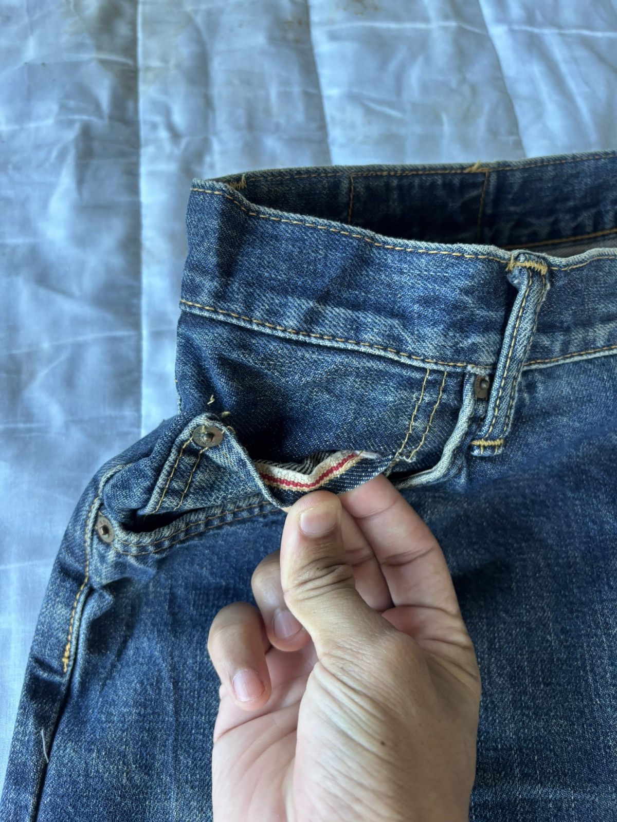 Edwin 🔥EDWIN 505xx SELVEDGE BAGGY JEANS RIPPED DISTRESSED DENIM Size US 33 - 19 Thumbnail