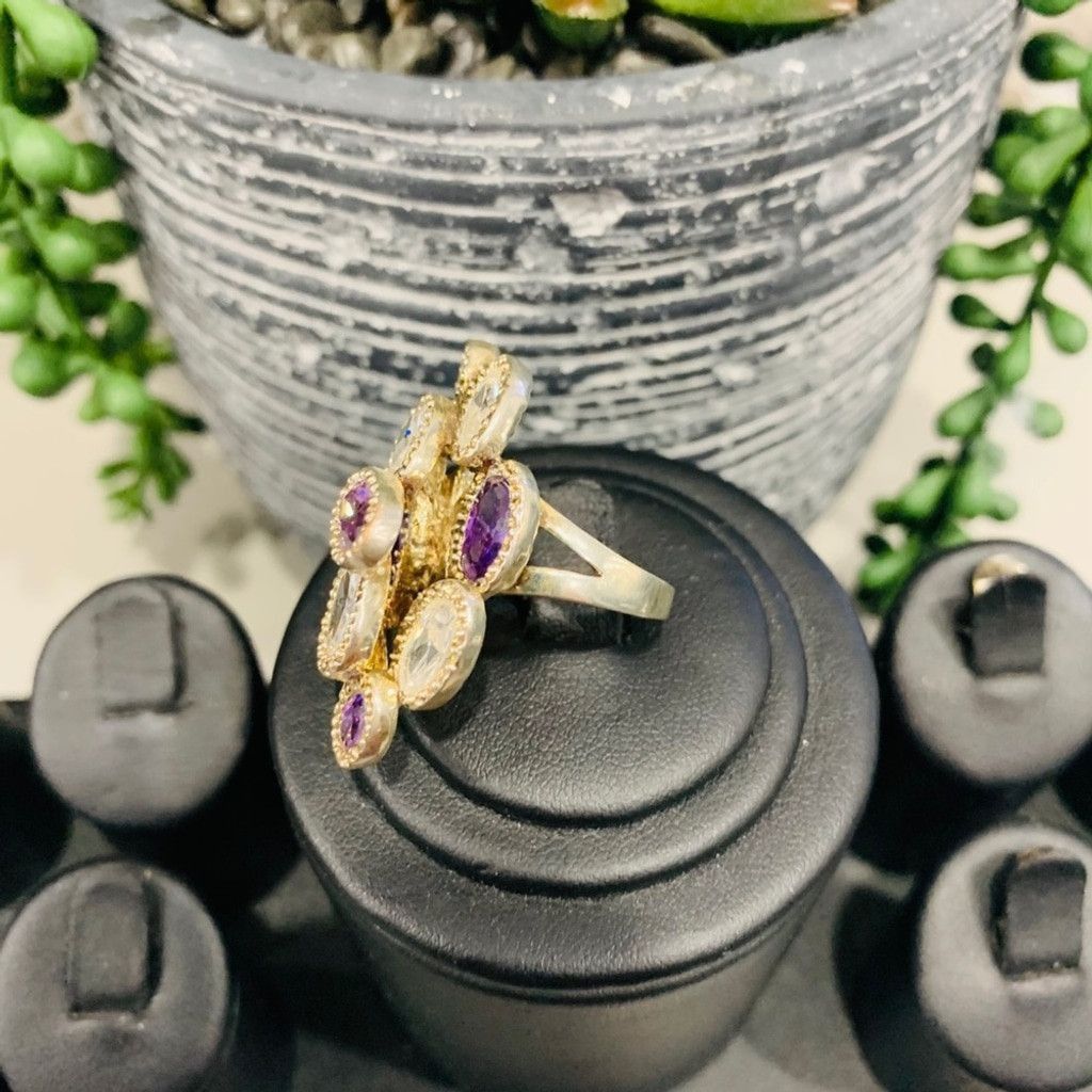 Vintage Gorgeous Sterling Silver Ring with amethyst stones Size ONE SIZE - 3 Thumbnail