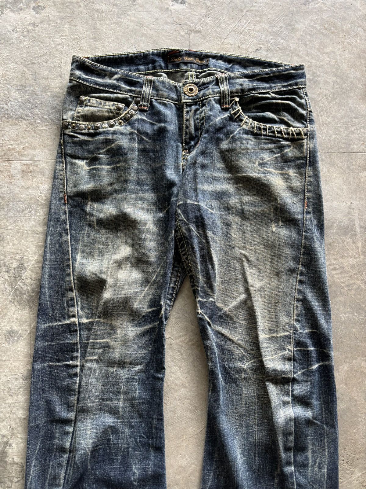 Tornado Mart FLARE LUCKY STORE JEANS JAPANESE DENIM STUDDED RUSTY MUDWASH Size US 31 - 2 Thumbnail