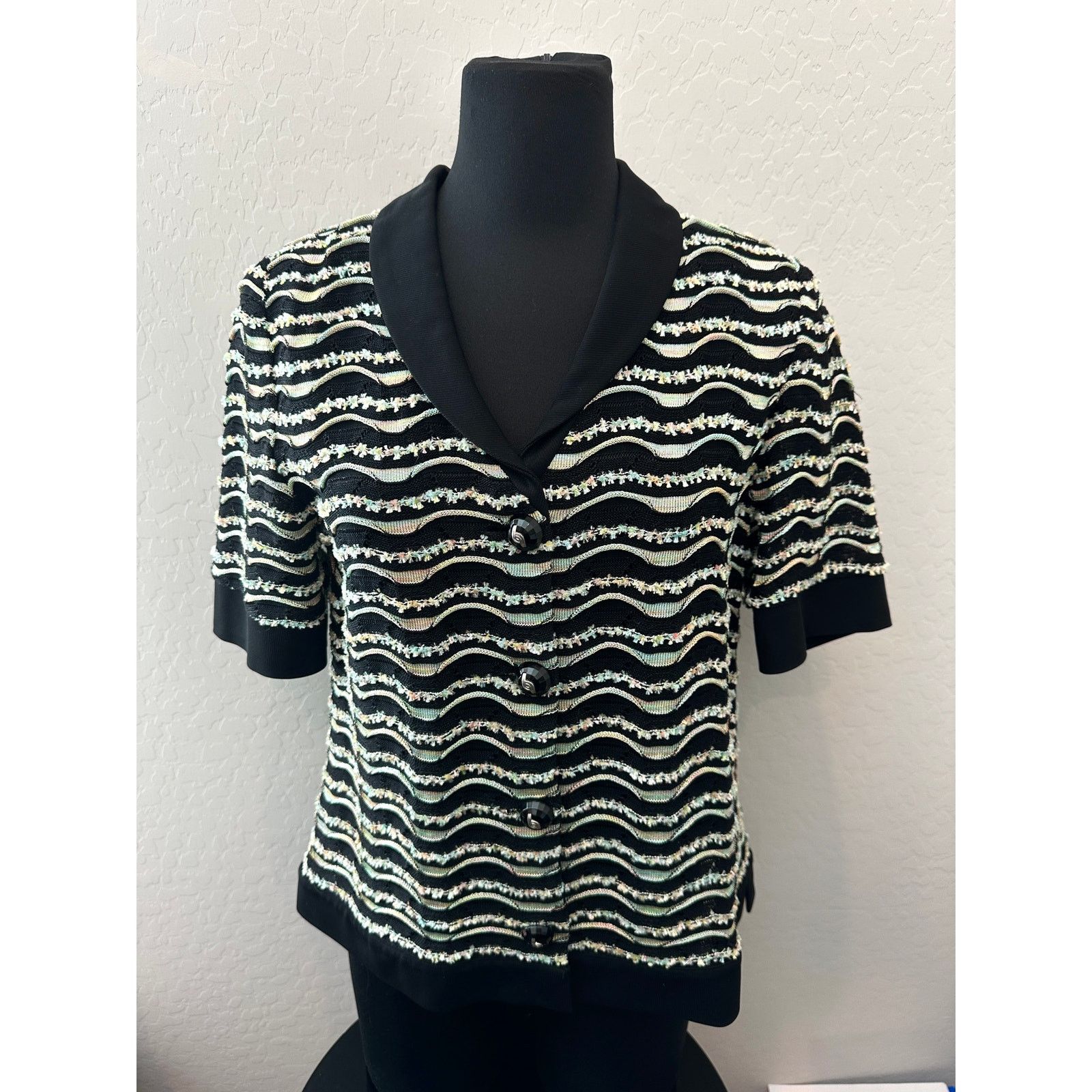 Vintage LIOLA | Vintage Black Striped Polo Short Sleeve Cardigan Top Size L / US 10 / IT 46 - 2 Thumbnail