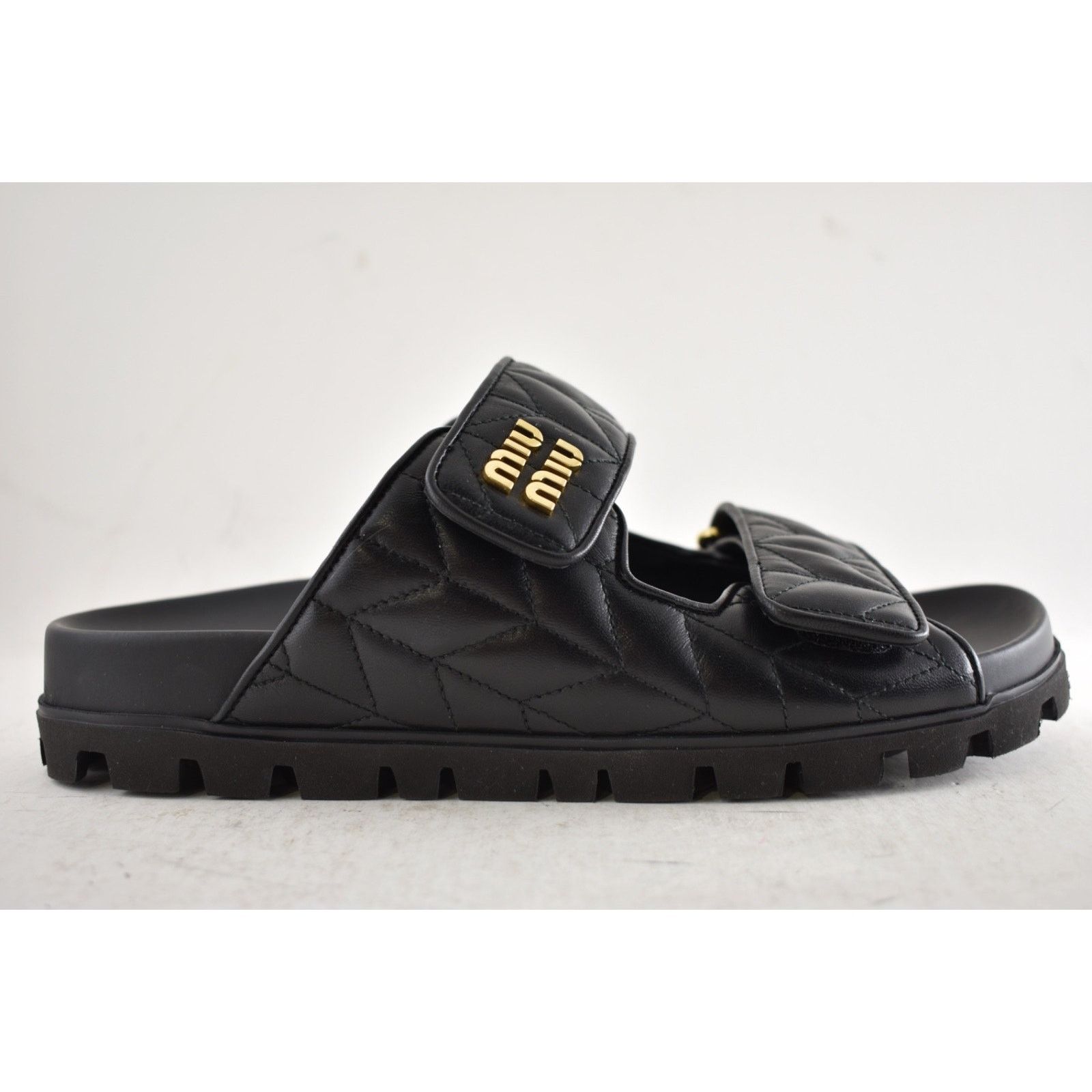 Miu Miu Miu Miu Matelasse Black Gold Logo Flat Slide Sandal 39 Size US 9 / IT 39 - 2 Thumbnail