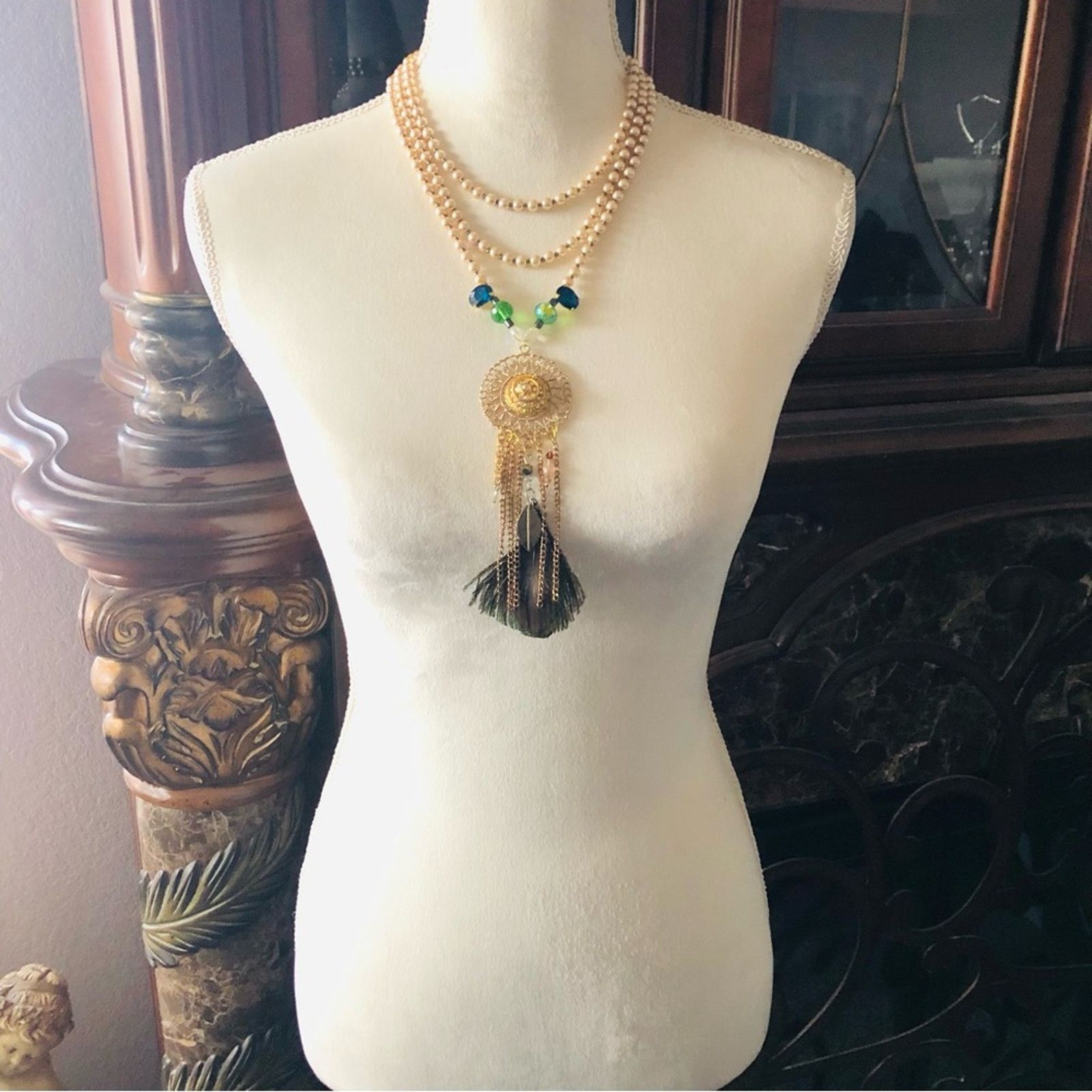 Handmade Handcrafted filigree pendant Pearl genuine emerald necklac Size ONE SIZE - 5 Thumbnail