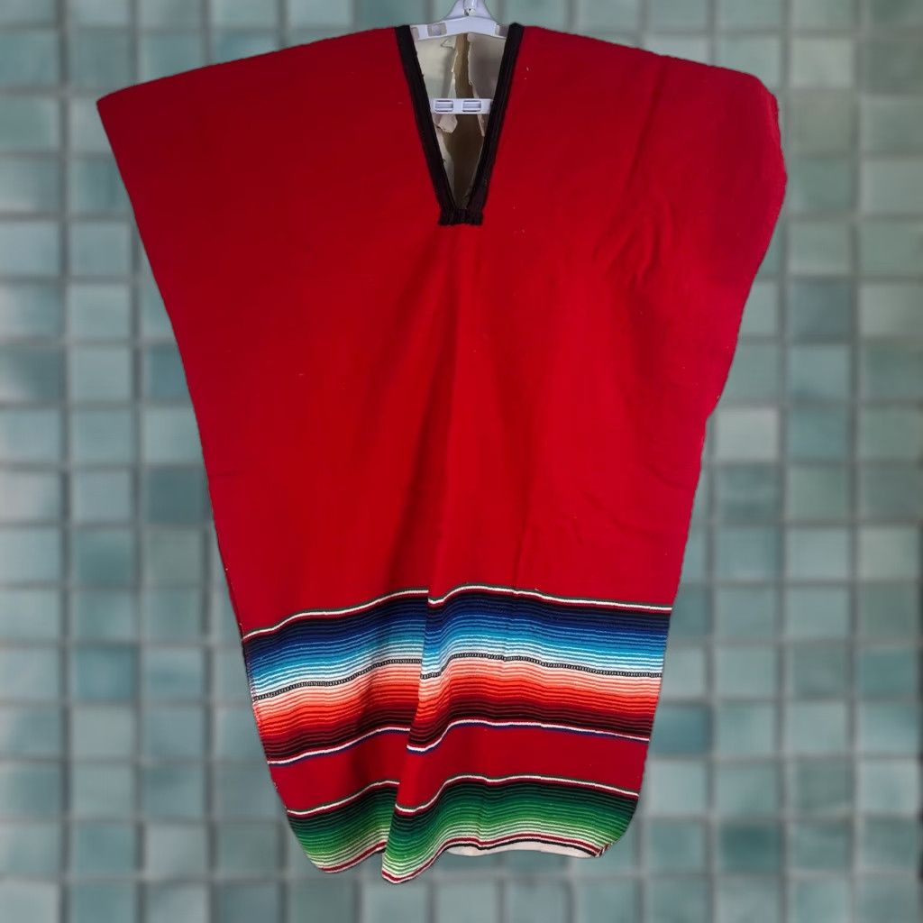 Vintage VINTAGE Rubies Poncho Unisex Red Pullover Mexican Blanket V Neck Costume Party One Size Pullover Fringes Adult Unisex Mexico Red Poncho Theme Mexican Size US M / EU 48-50 / 2 - 1 Thumbnail