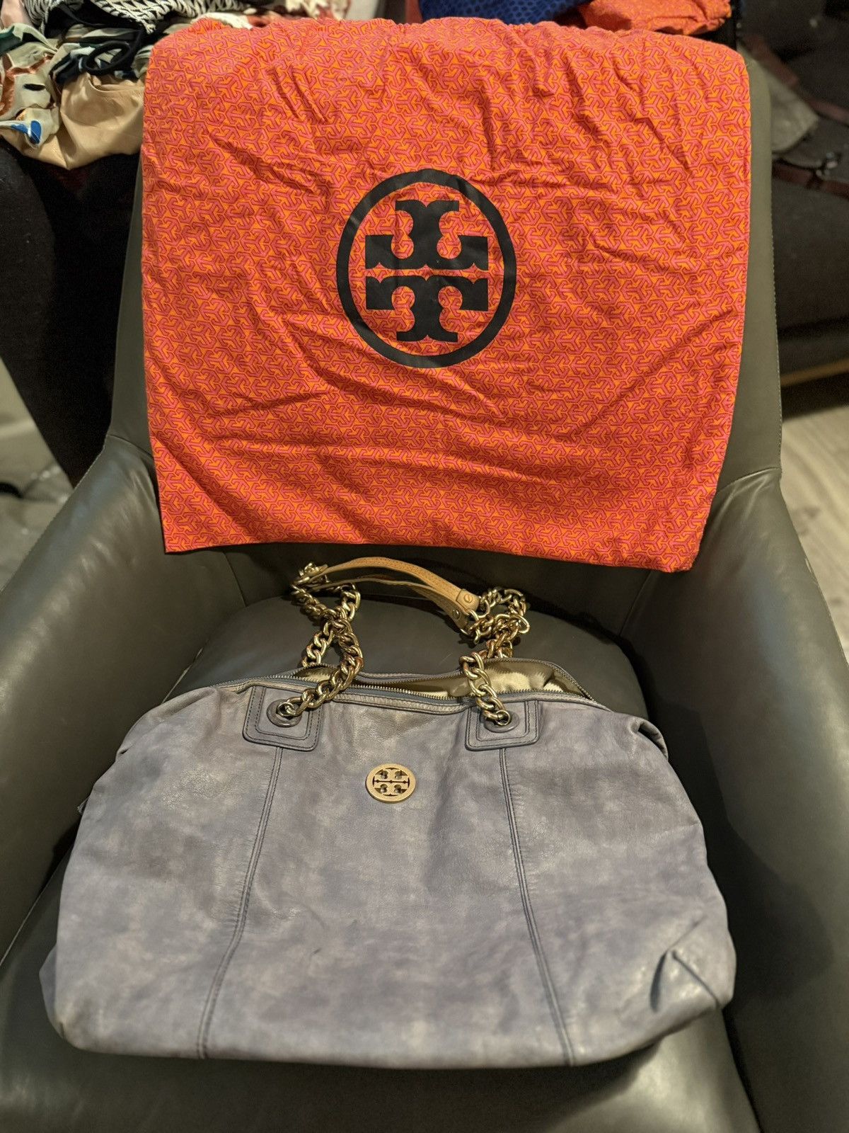 Tory Burch Tory Burch Large, Distressed Leather Lavender Shoulder Bag Size ONE SIZE - 3 Thumbnail