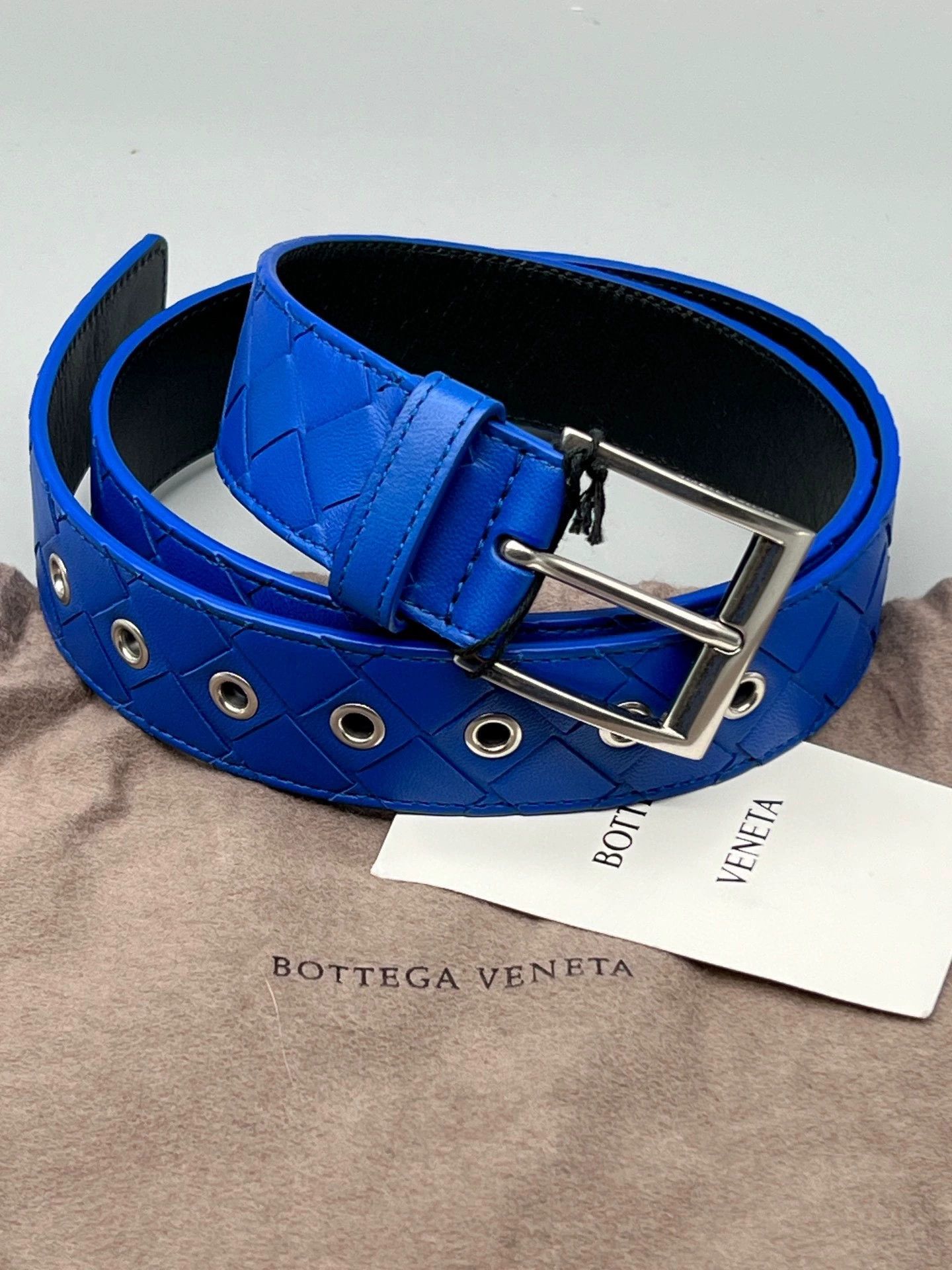 blue woven leather belt by bottega veneta