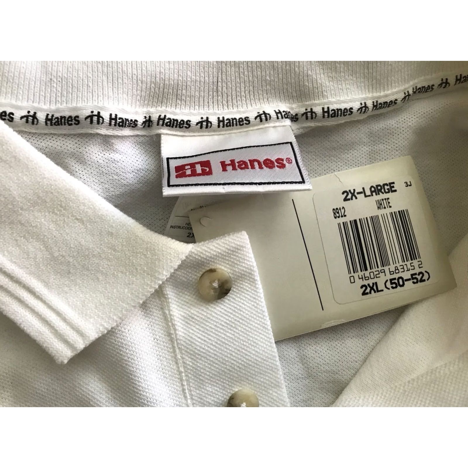 Vintage Hanes Polo Shirt Mens 2XL White Cotton Ribbed Cuffs New, Men's (Size Xxl) — image 3 of 4