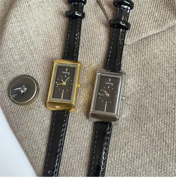 Jewelry Leather Strap Rectangular Gold Watch, Classic Wristwatch Size ONE SIZE - 4 Thumbnail