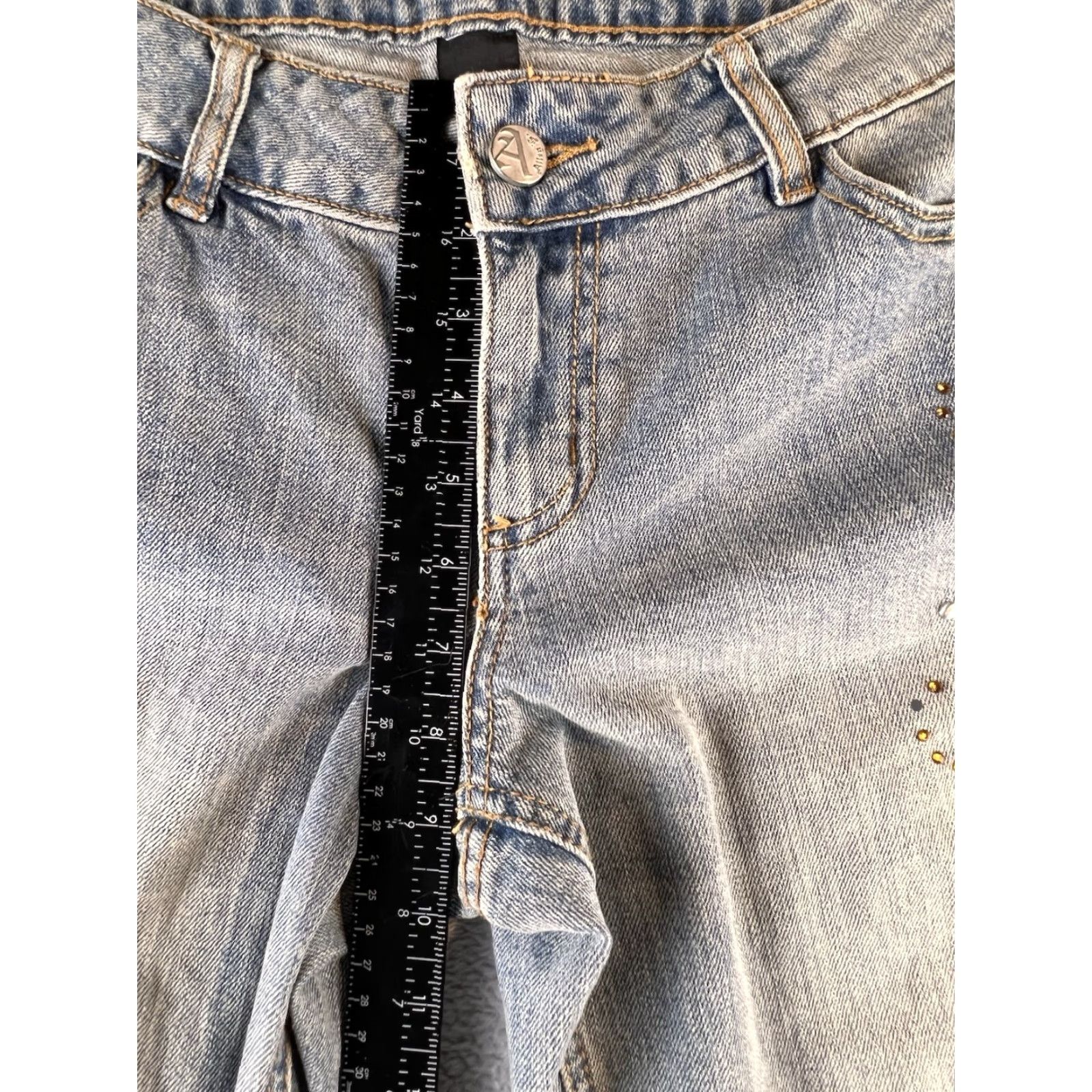 Vintage VINTAGE Allen B Jeans Flared Womens 8 Blue 90s Bohemian Embellished Stones Stone Embroidered Zip Button Inseam 32" Casual Size 30" / US 8 / IT 44 - 6 Thumbnail