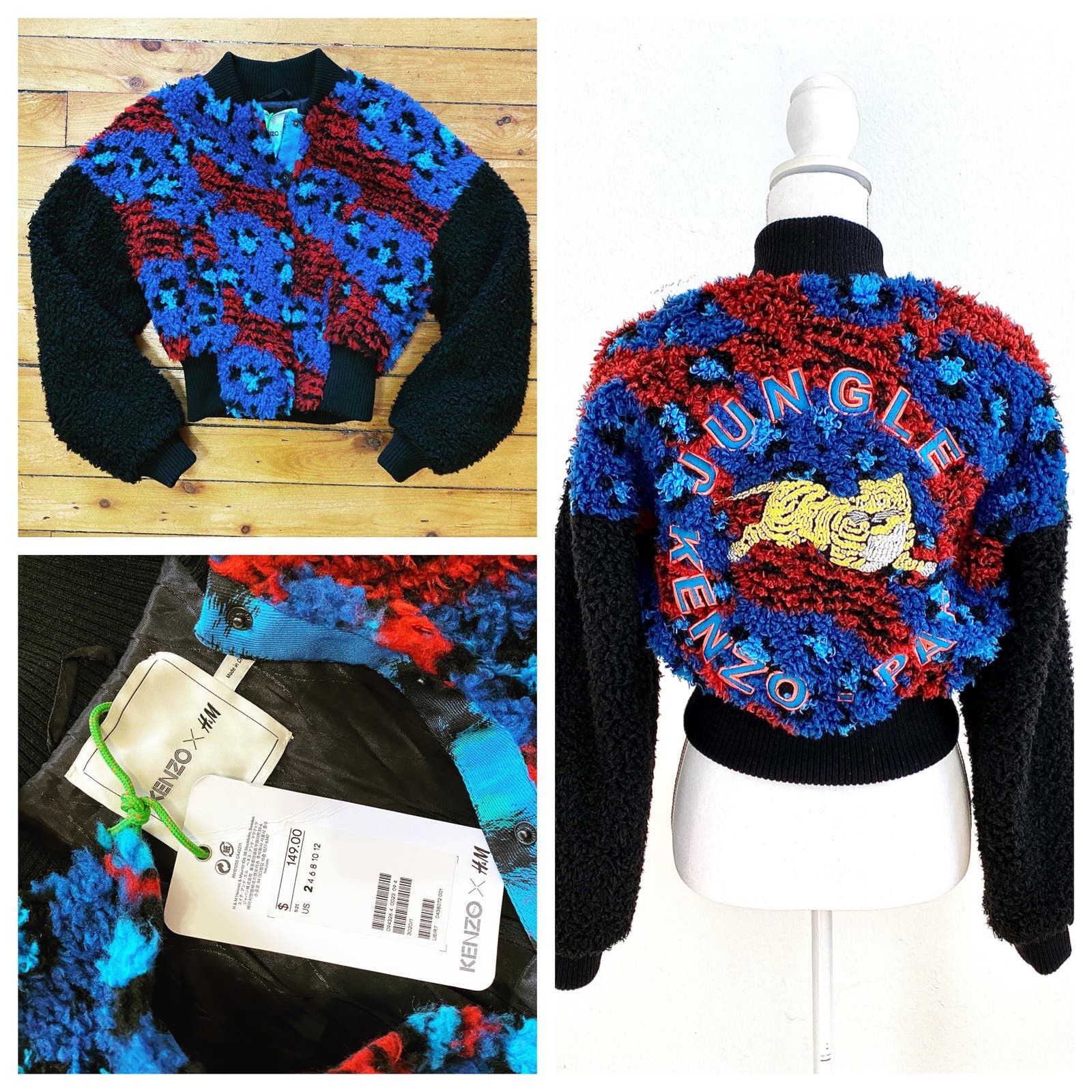 Image of NWT Kenzo X H&m Embroidered Teddy Bomber Jacket - 2 in Blue, Women's (Size XS)