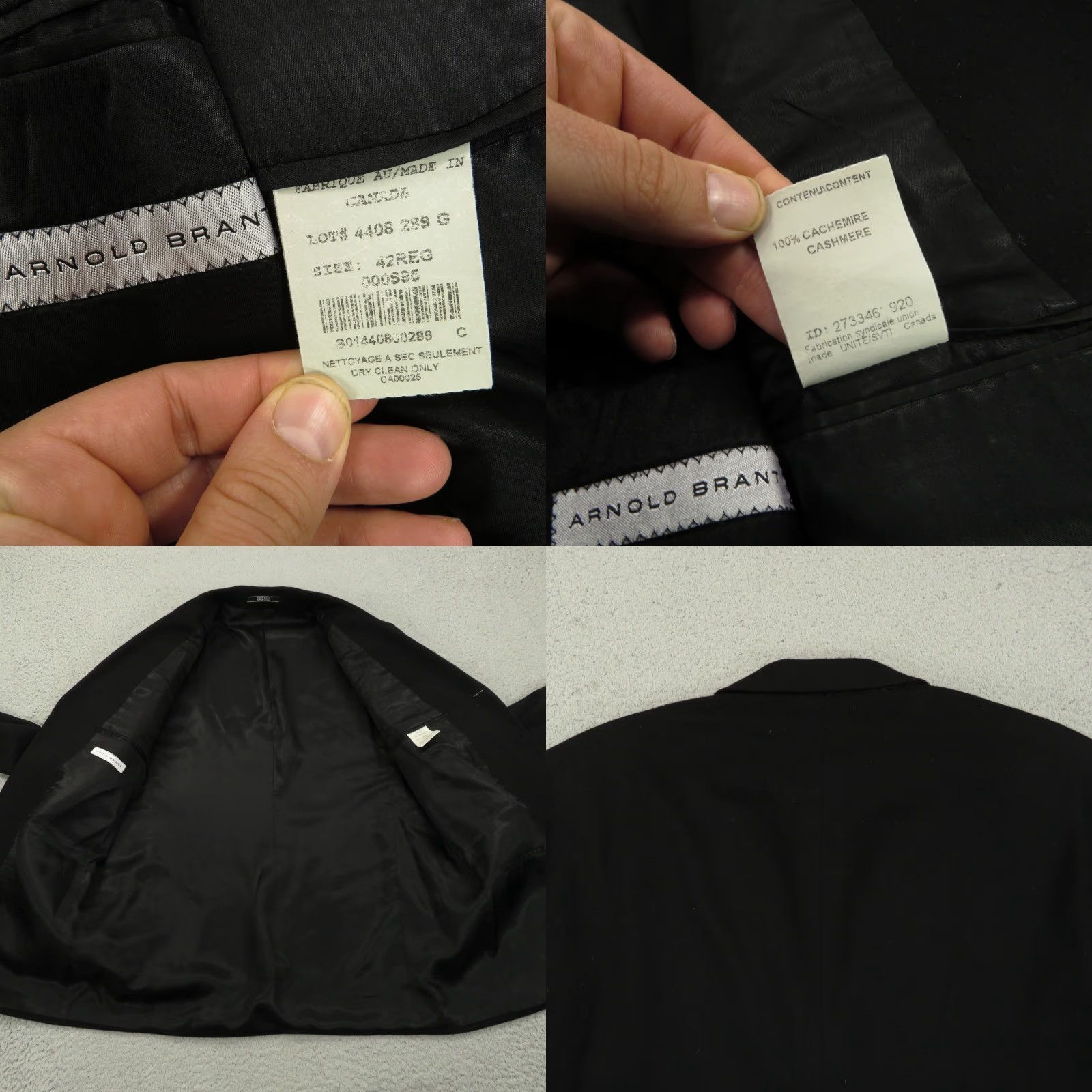 Vintage Arnold Brant 100% Cashmere Blazer 42R Black 3-Button Single-Breasted Jacket Mens Coat Ventless Regular Notch Lapel Size 42R - 8 Thumbnail