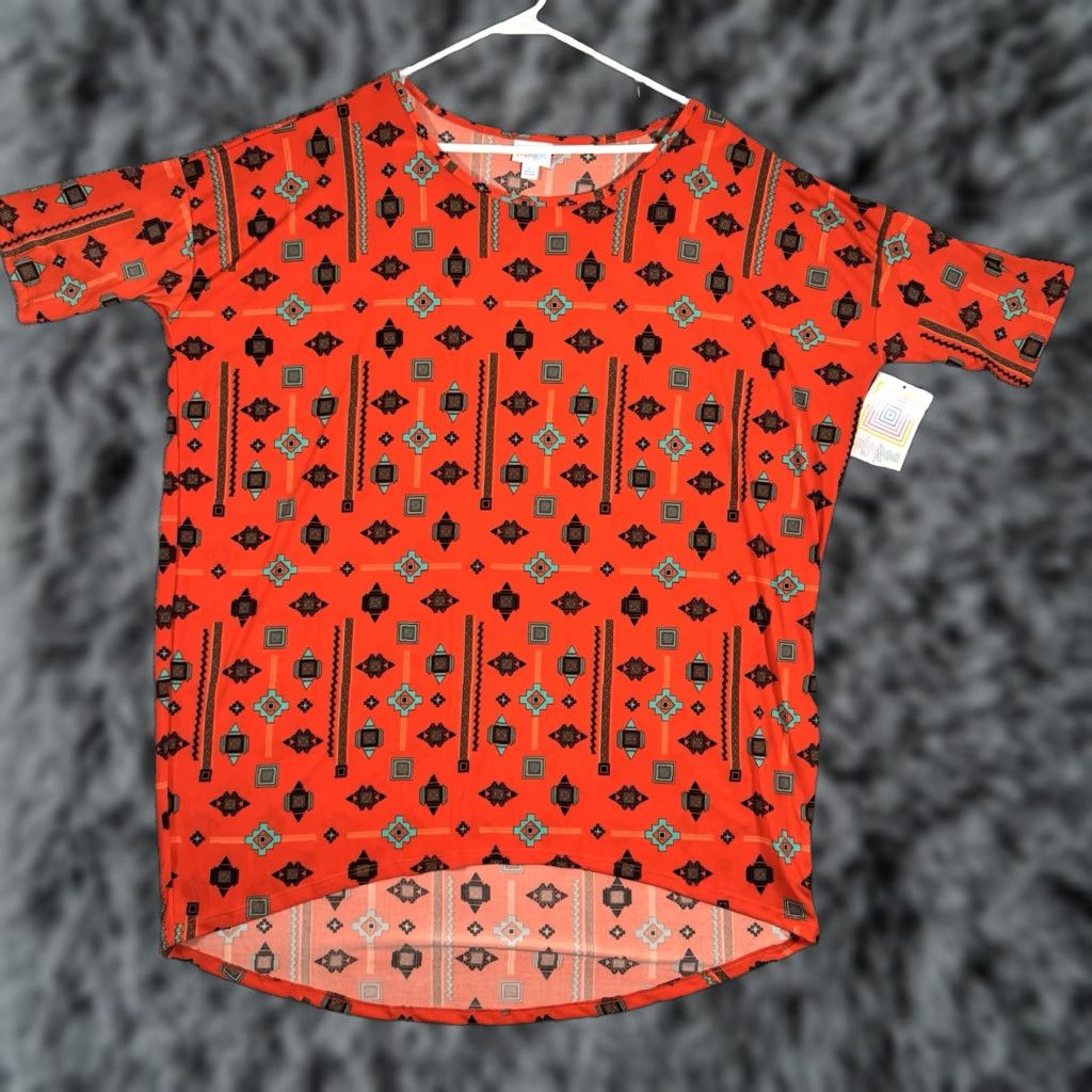 Vintage LuLaRoe Tunic Blouse Shirt L Orange Aztec Southwestern Boho Oversized Geometric Short Sleeve Scoop Neck Pullover Women Regular Modern Holiday 90s? Size L / US 10 / IT 46 - 1 Thumbnail