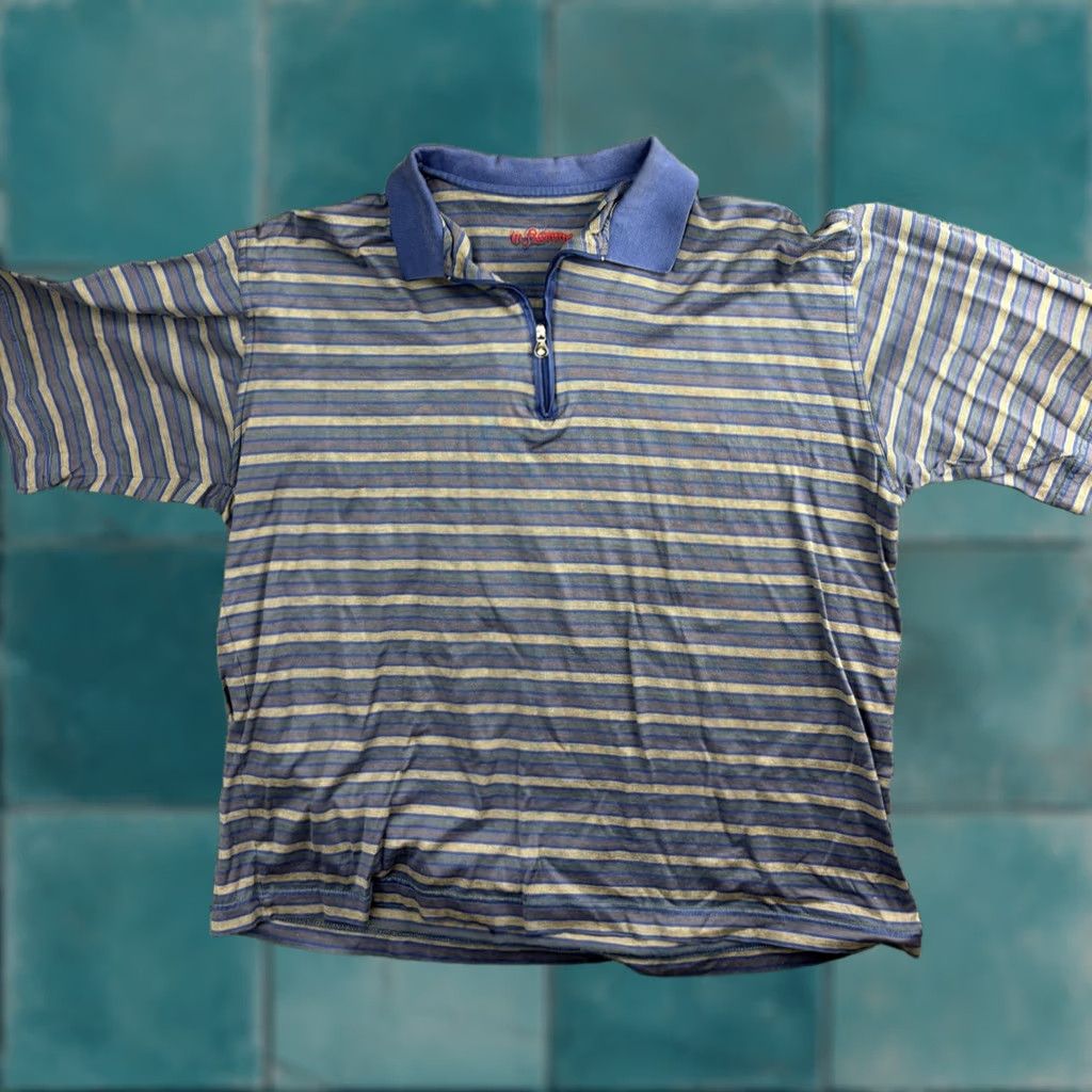 Vintage in fiamme Polo Shirt Mens M Blue Yellow Striped 1/4 Zip Made Italy Cotton Short Sleeve Size US M / EU 48-50 / 2 - 1 Thumbnail