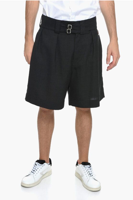 image of Stefan Cooke Gimme On "s" Wool Blend Double-Pleat Shorts With Silver-Tone in Anthracite (Size 31)