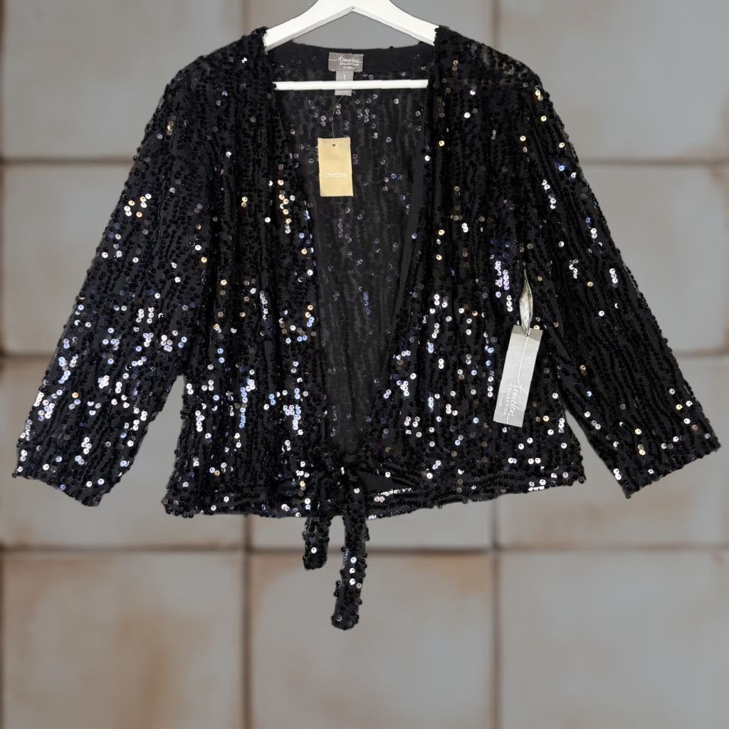 Vintage VINTAGE Chico's Women Jacket Black Ginger Sequins Medium M Traveler's Collection Womens Size M / US 6-8 / IT 42-44 - 1 Thumbnail