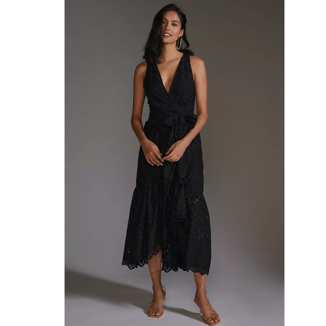 image of New Anthropologie Maeve Eyelet Wrap Midi Dress $180 Plus 16W in Black, Women's (Size 2XL)