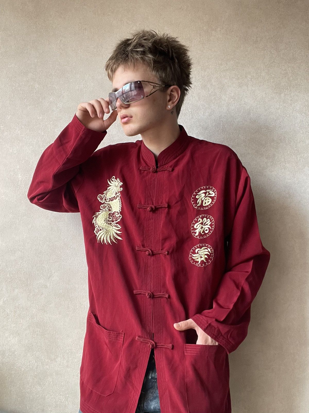 Japanese Brand 90s Vintage Burgundy Dragon Embroidered Chinese Tang Shirt Size US XXL / EU 58 / 5 - 1 Thumbnail