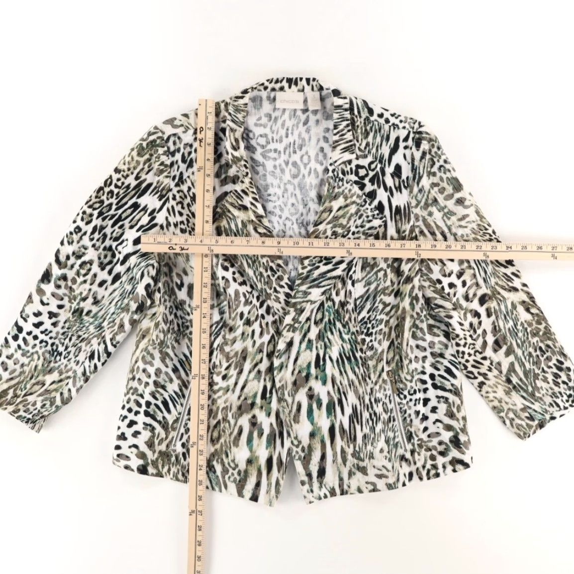 Vintage Chicos Jacket Women's White Leopard Print Open Front Linen 3 Size XS / US 0-2 / IT 36-38 - 3 Thumbnail