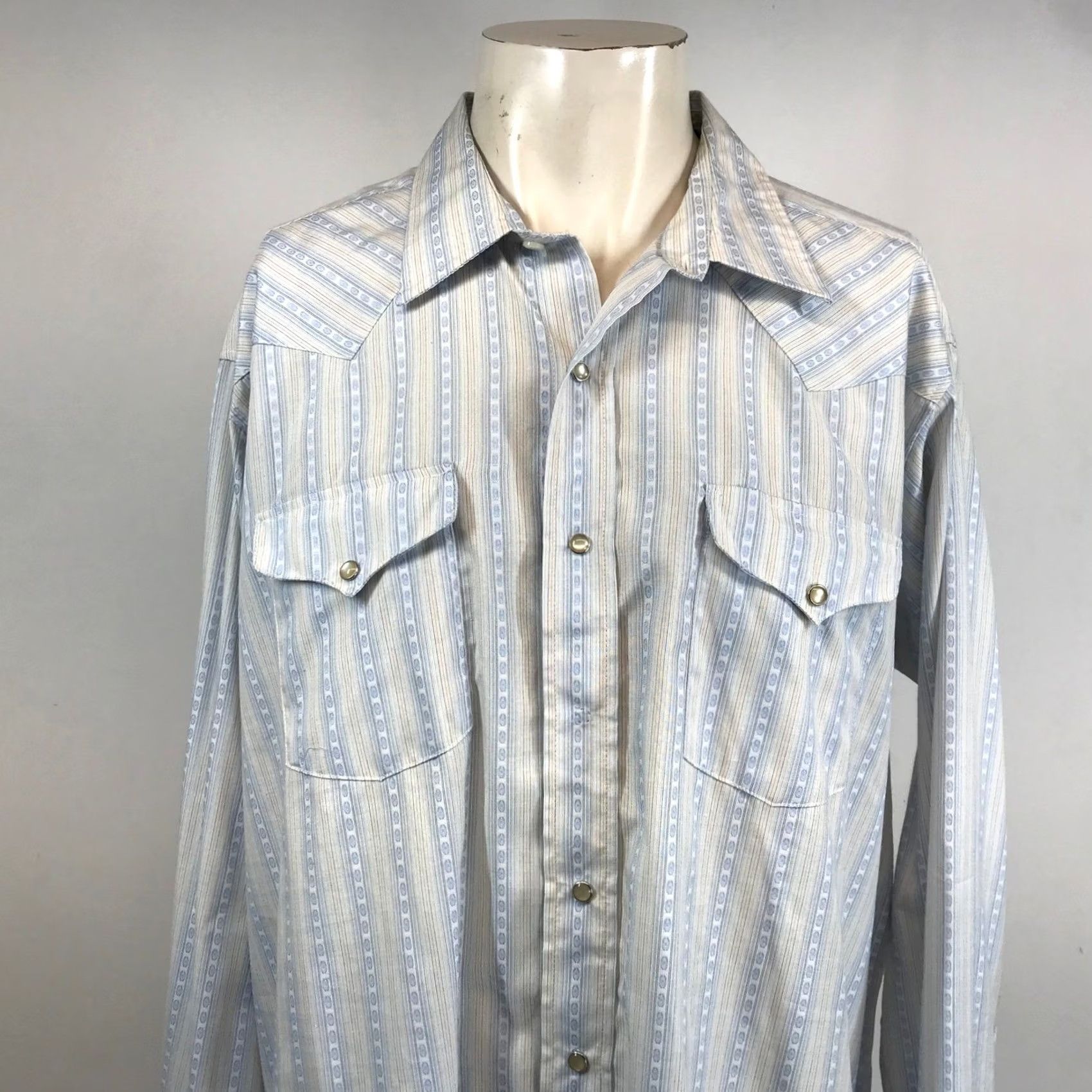 Vintage Panhandle Slim Mens Western Snap Button Up Long Sleeve Shirt - Light Blue Stripes Size US XL / EU 56 / 4 - 2 Thumbnail