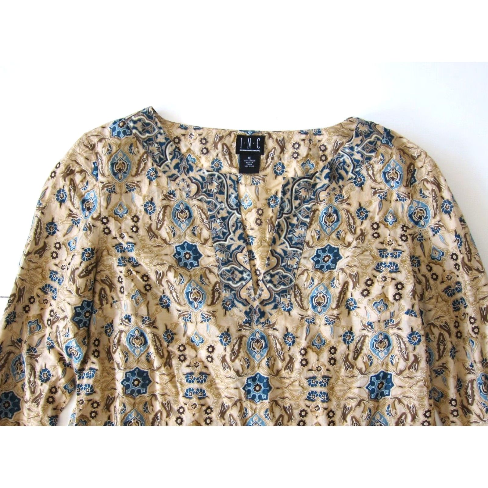 Vintage INC 100% Cotton Gauze Blue Floral Long Flare Sleeve V-Neck Blouse 10 Women Blouse Shirt Size L / US 10 / IT 46 - 8 Thumbnail