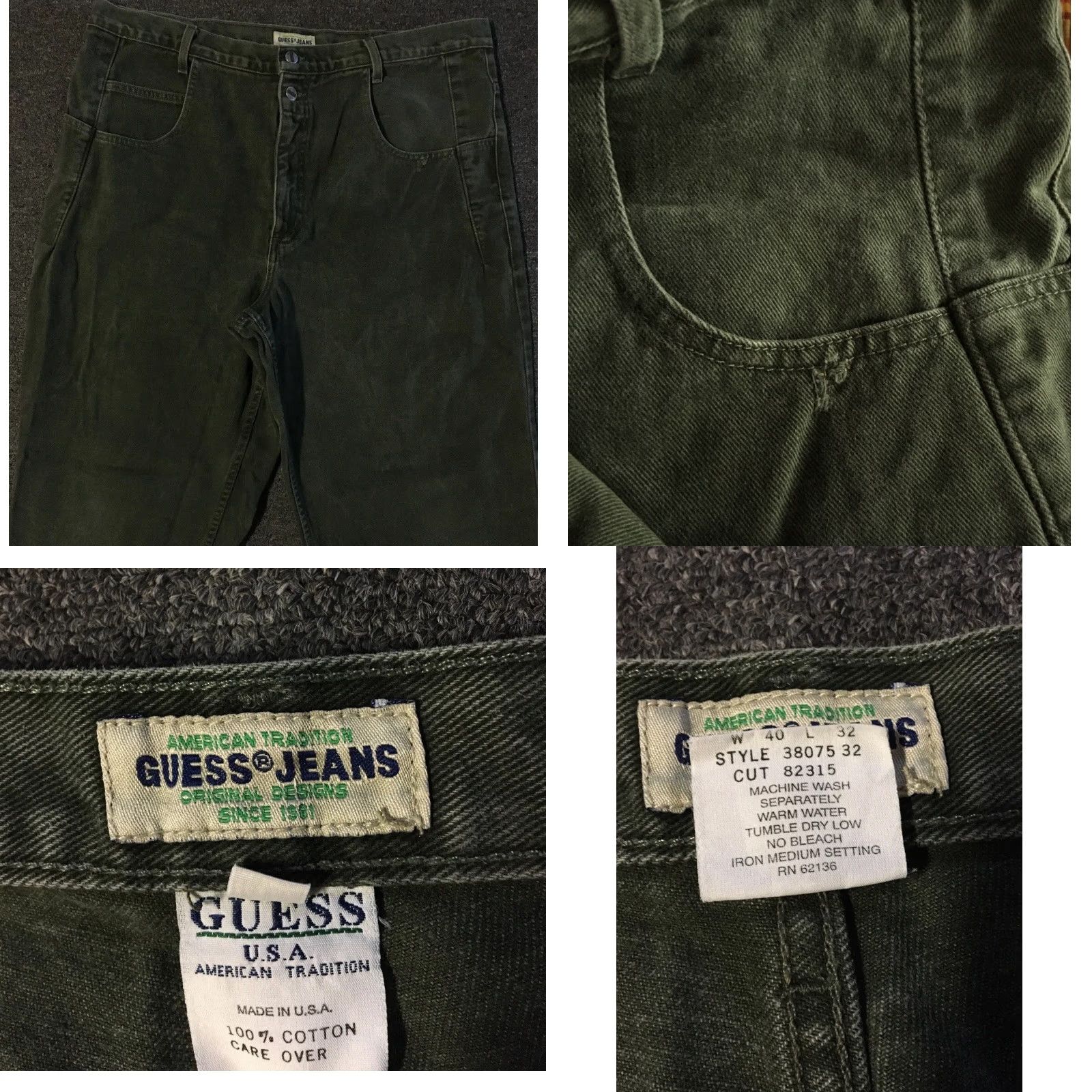 VINTAGE GUESS Jeans Tapered 40 USA Green Distressed 90s 80s Y2K