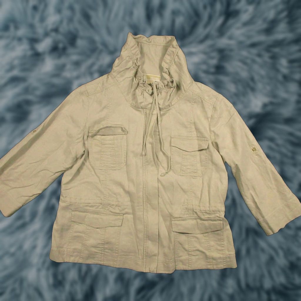 Michael Kors Michael Kors Linen Jacket Womens Medium Khaki White 3/4 Sleeve Ruffle Neck Pockets Zip Snap Utility Jacket Size M / US 6-8 / IT 42-44 - 1 Thumbnail