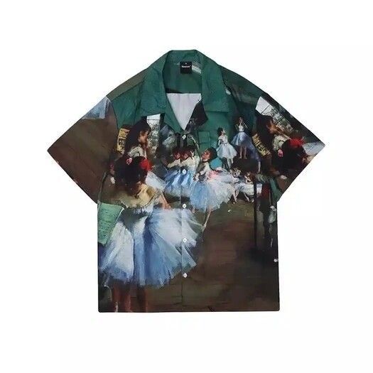 image of Vintage Ballet Oil Painting Short Sleeve Shirt in Green, Men's (Size Large)