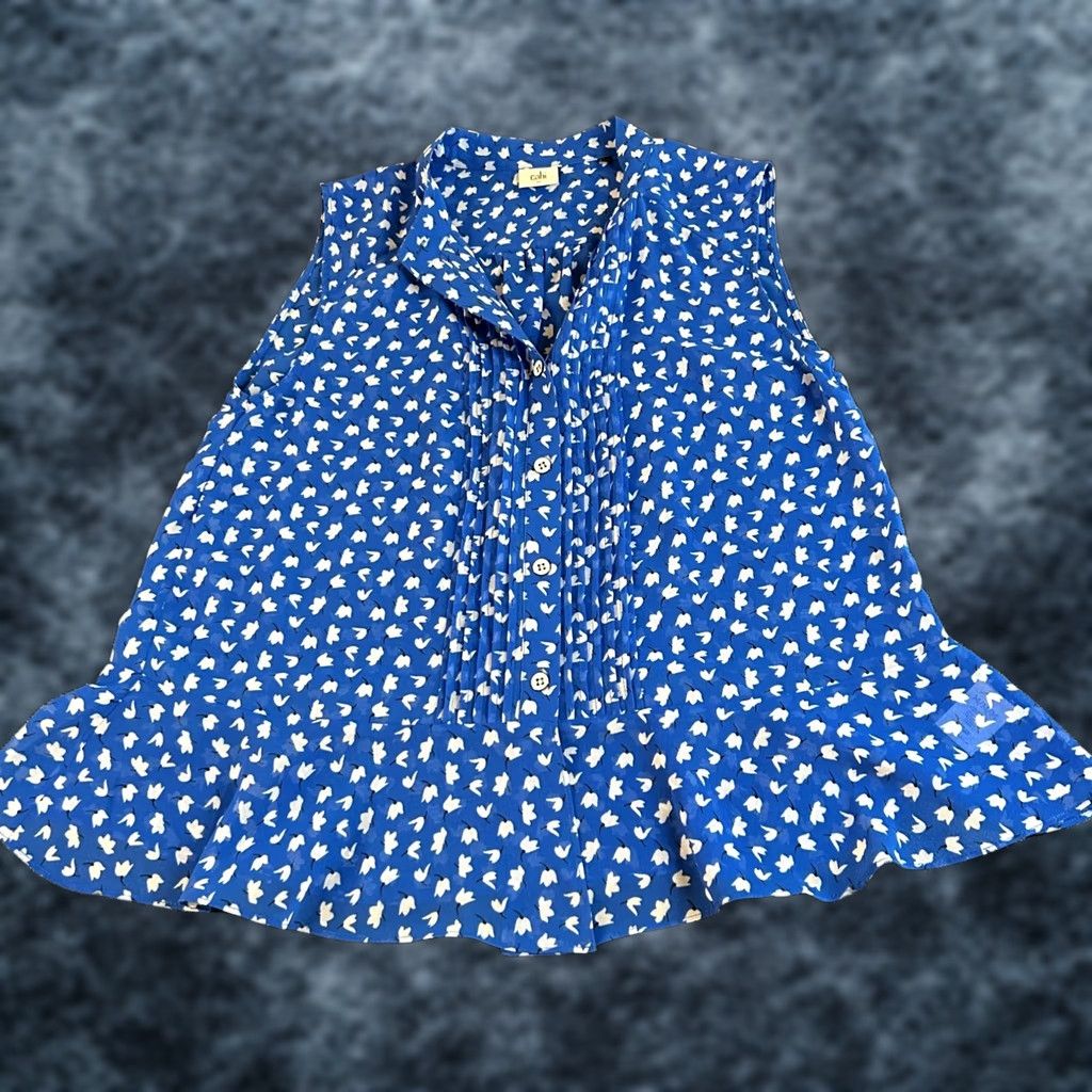 Vintage Cabi Peplum Blouse Womens M Blue Floral Sleeveless Pintuck Button Casual 5530 Size M / US 6-8 / IT 42-44 - 1 Thumbnail