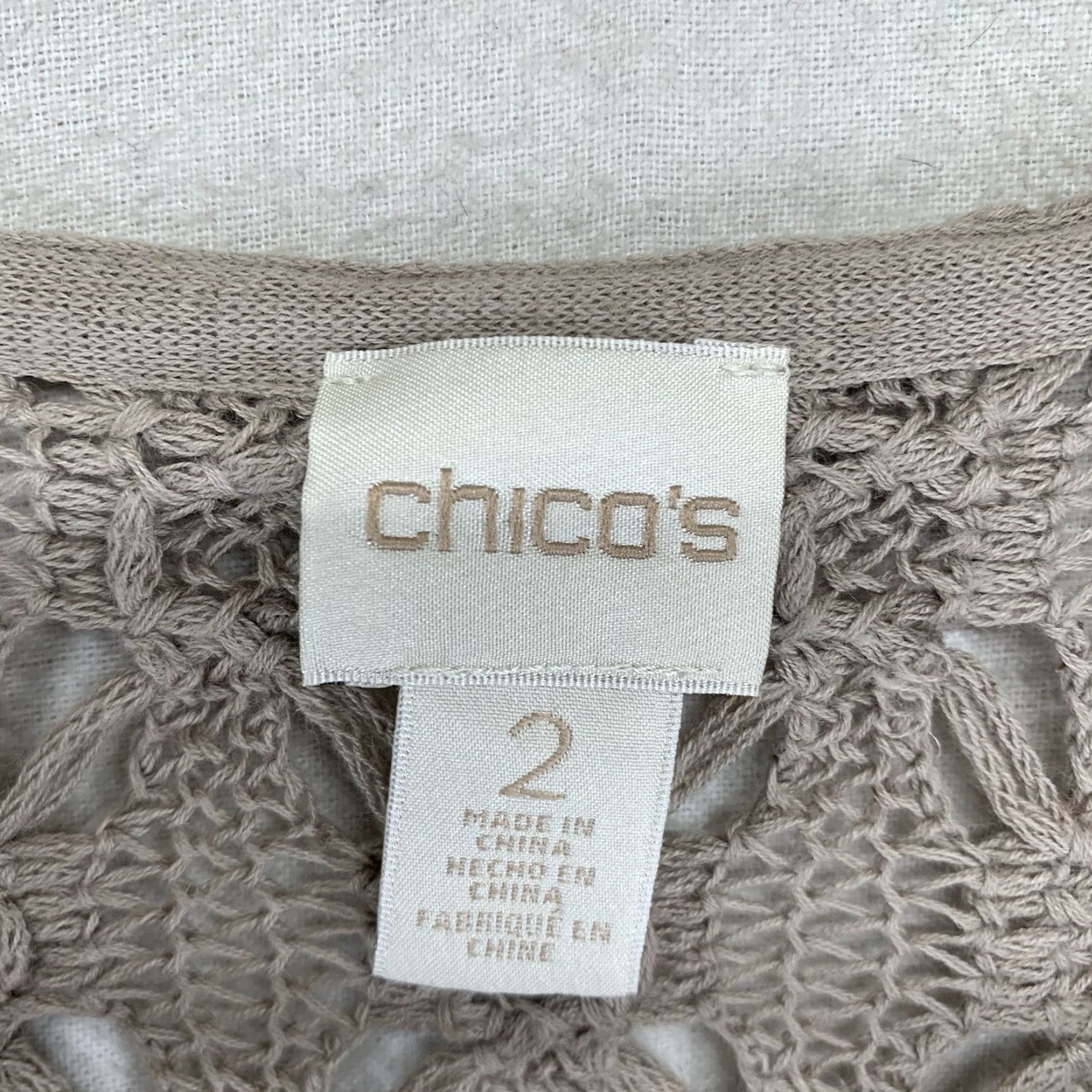 Vintage Chico's Tunic Women's Large Brown Crochet Knit Lace Trim Whimsy Linen Blend Shirt Adult Large Brown Geometric 3/4 Sleeve Casual Womens Size L / US 10 / IT 46 - 3 Thumbnail