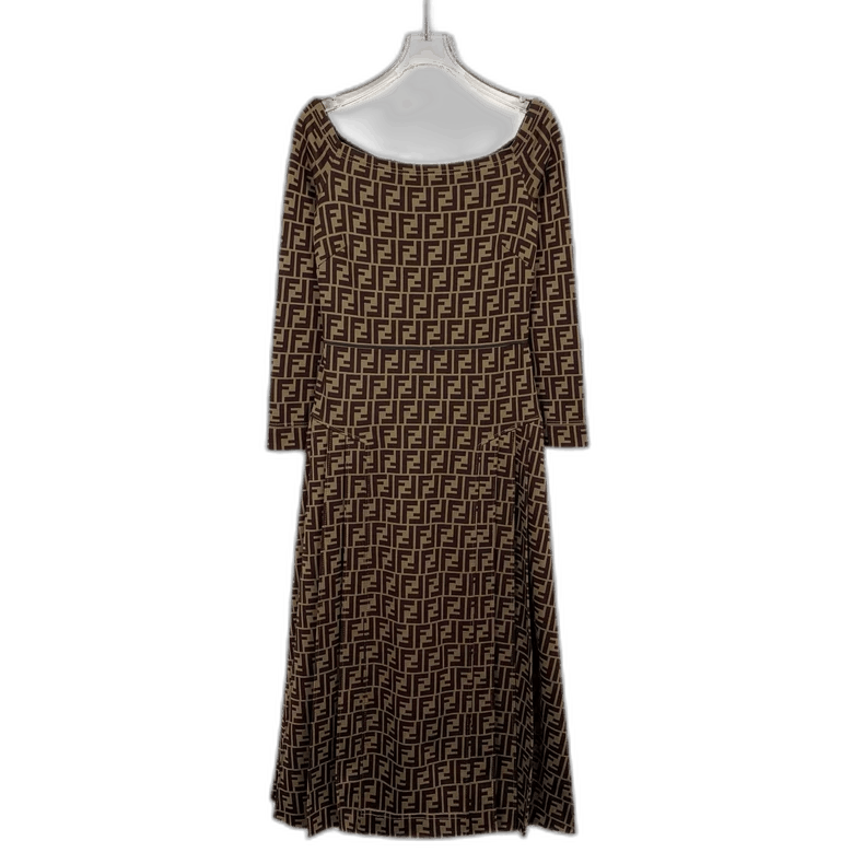 Fendi Brown Logo Print Long Sleeve Dress
