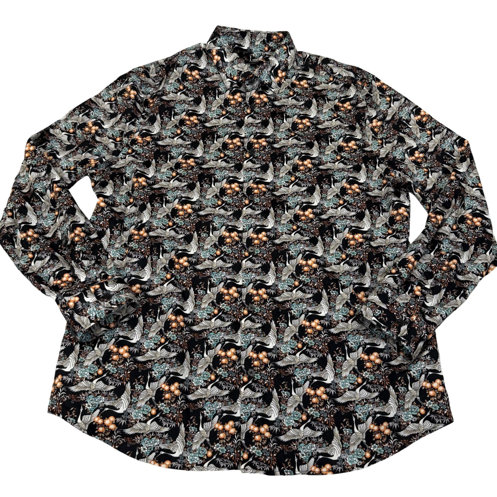 Express Express Dress Shirt Mens XL Black Floral Bird Print Slim Long Sleeve Button Down Size 46R - 2 Thumbnail