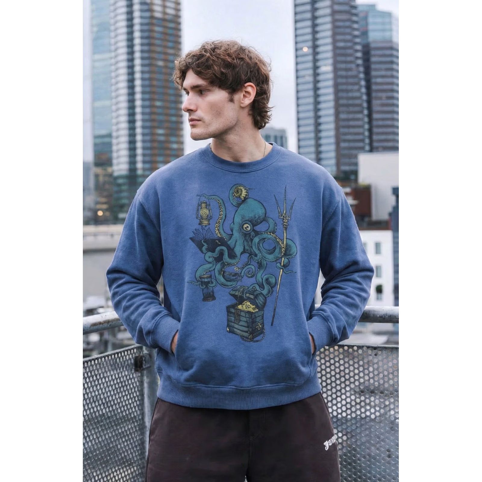 Vintage CURBSIDE Octopus Sweater Mens Medium Blue Crew Neck Pullover Cotton Polyester Size US M / EU 48-50 / 2 - 2 Thumbnail