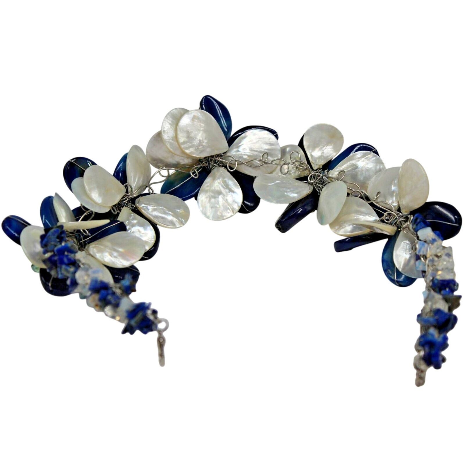 Big 3 Flower Necklace Blue Glass Pearl Crystal Lapis