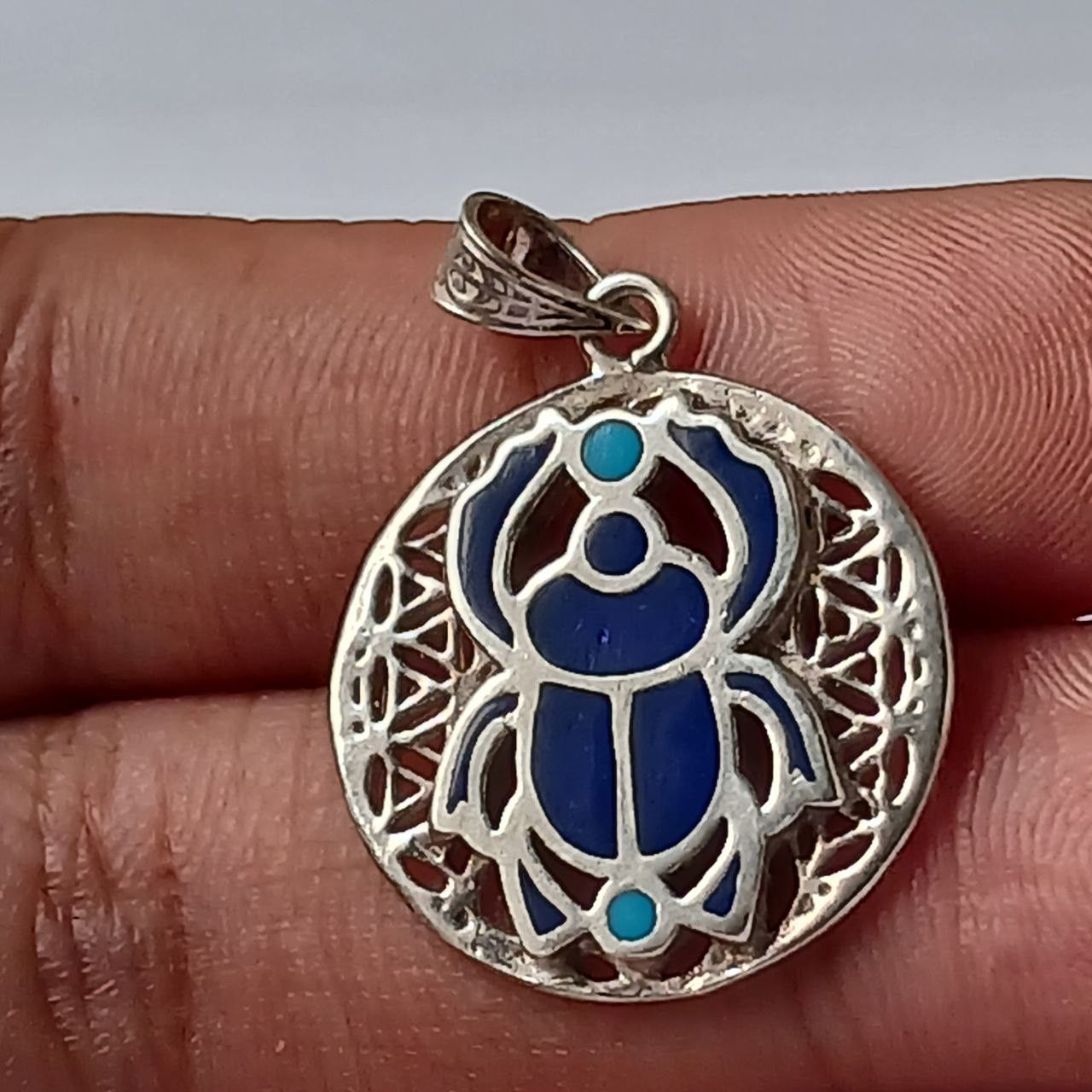 Sterling Silver 925 Silver Scarab Pendant – Egyptian Jewelry with Blue Inlay Size ONE SIZE - 2 Thumbnail