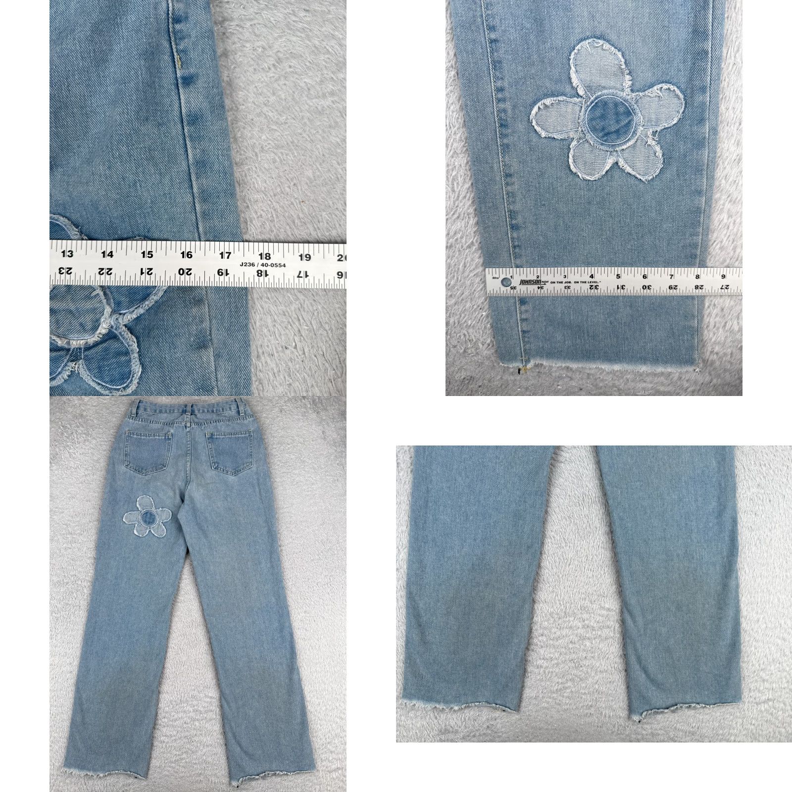 Vintage Women Jeans 25 Blue Denim Wide Leg High Rise Cotton 25x28 Flower Patches Sewn Size 42" / US 20 - 9 Thumbnail