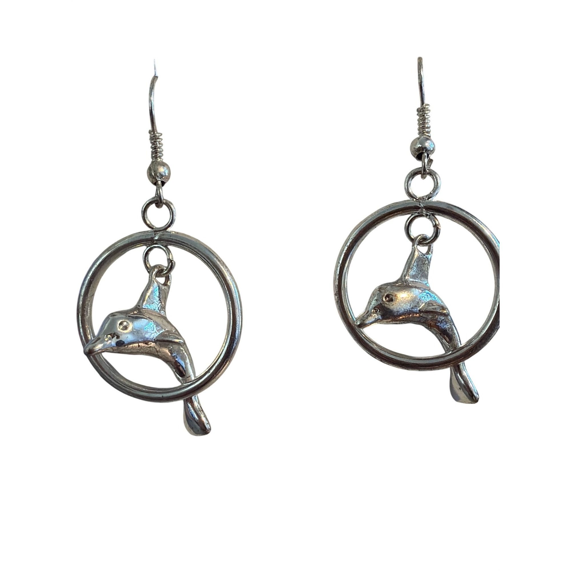 Other Silver Tone Dolphin Dangle Earrings Circular Hoop Hooks 1.75 Size ONE SIZE - 1 Thumbnail