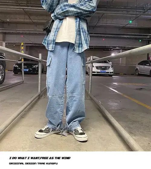 Light Blue Cargo jeans Wide Leg Denim Loose Straight Baggy