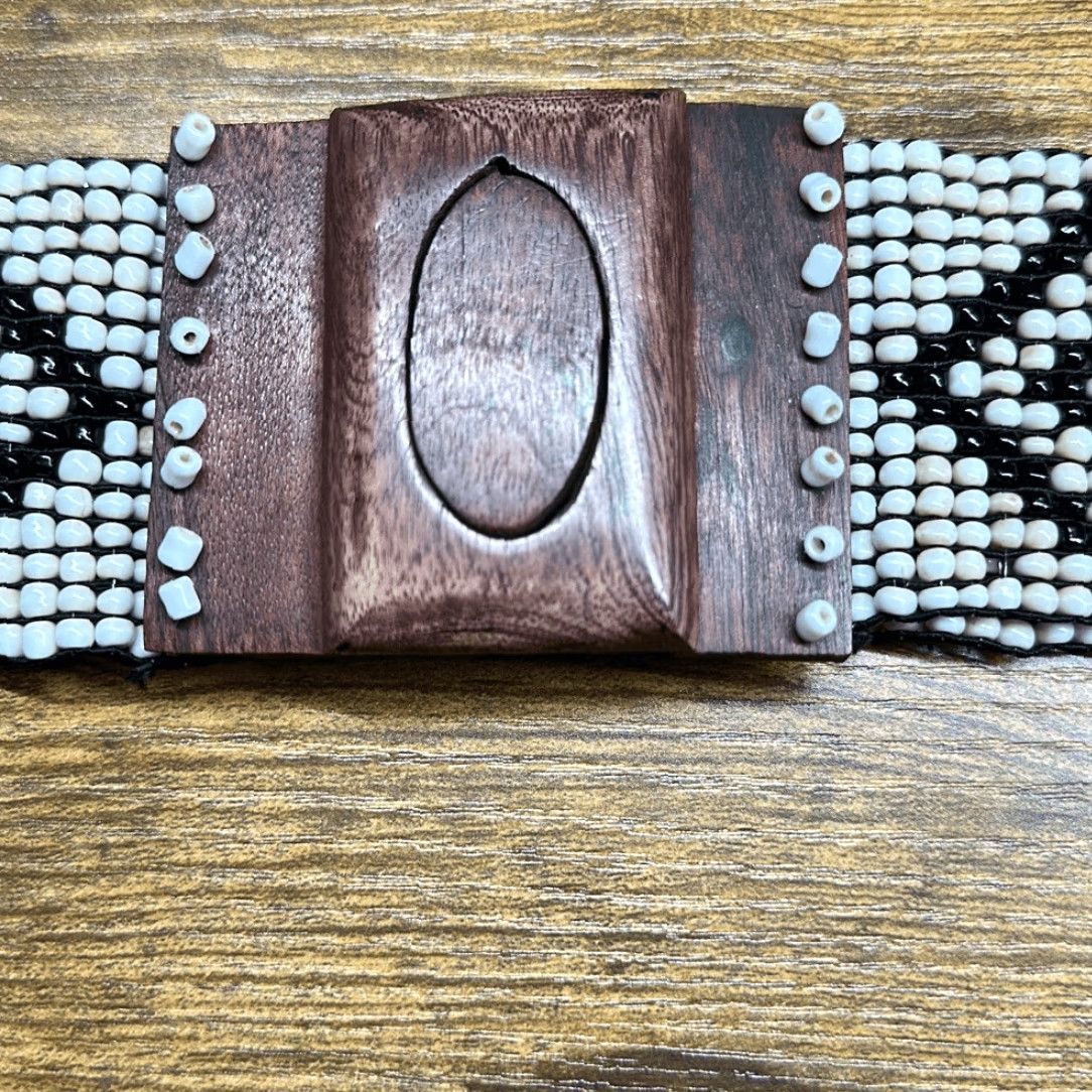 Vintage VINTAGE Women's Beaded Belt One Size Wide Wooden Hook Buckle Retro Boho Stretch Fit Black Brown Aztec Design W 2.25” Size ONE SIZE - 2 Thumbnail