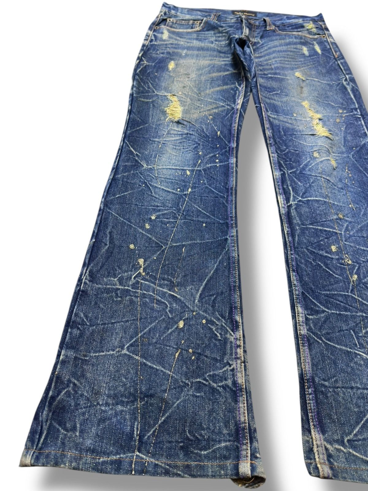 Tornado Mart Vintage Nylaus Premium Flare Paint Splatter Grunge Denim Size US 33 - 3 Thumbnail