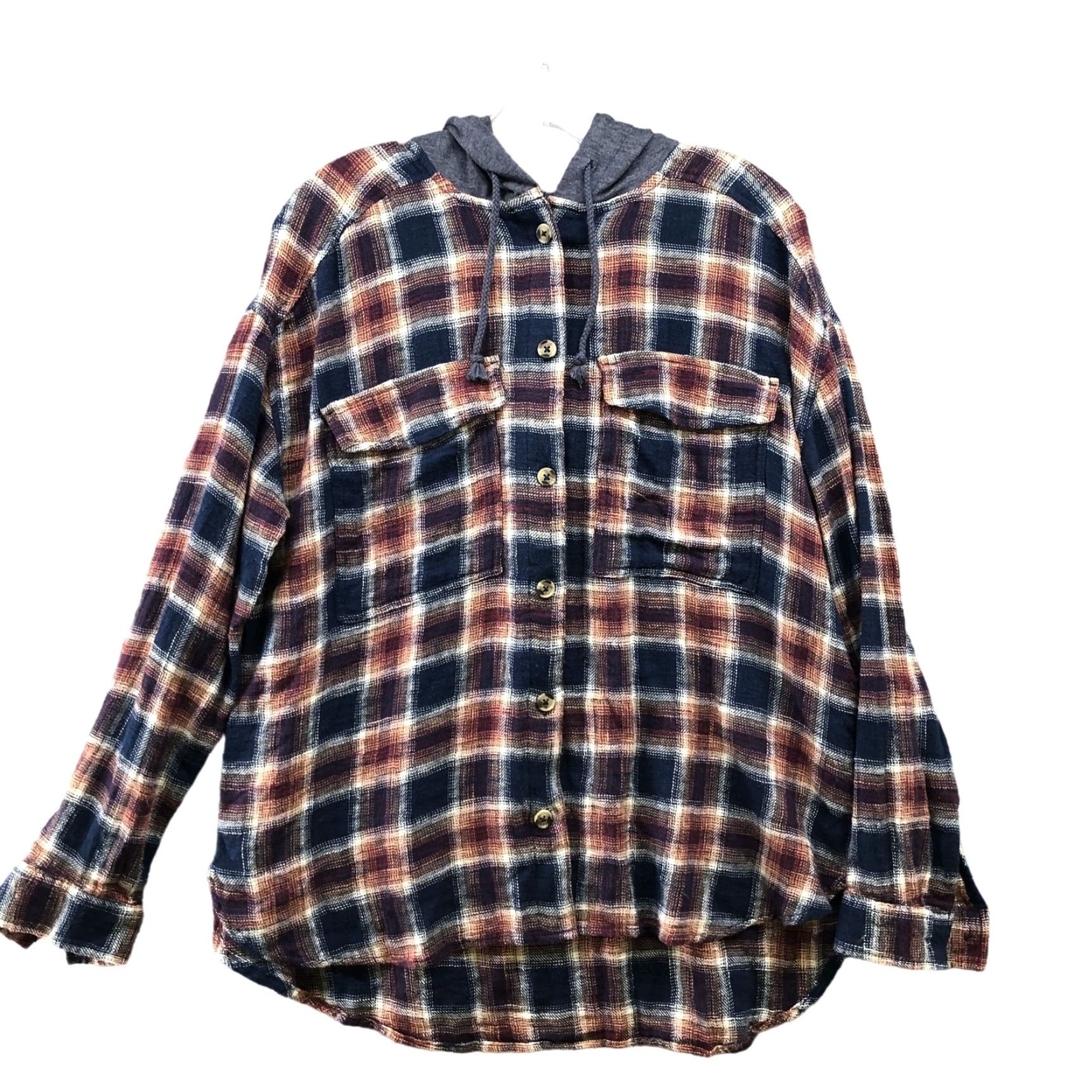 Kohl's NWT Kohl's So Boyfriend Hooded Flannel Shirt Womens Juniors M Blue Relaxed Shirt Size M / US 6-8 / IT 42-44 - 2 Thumbnail