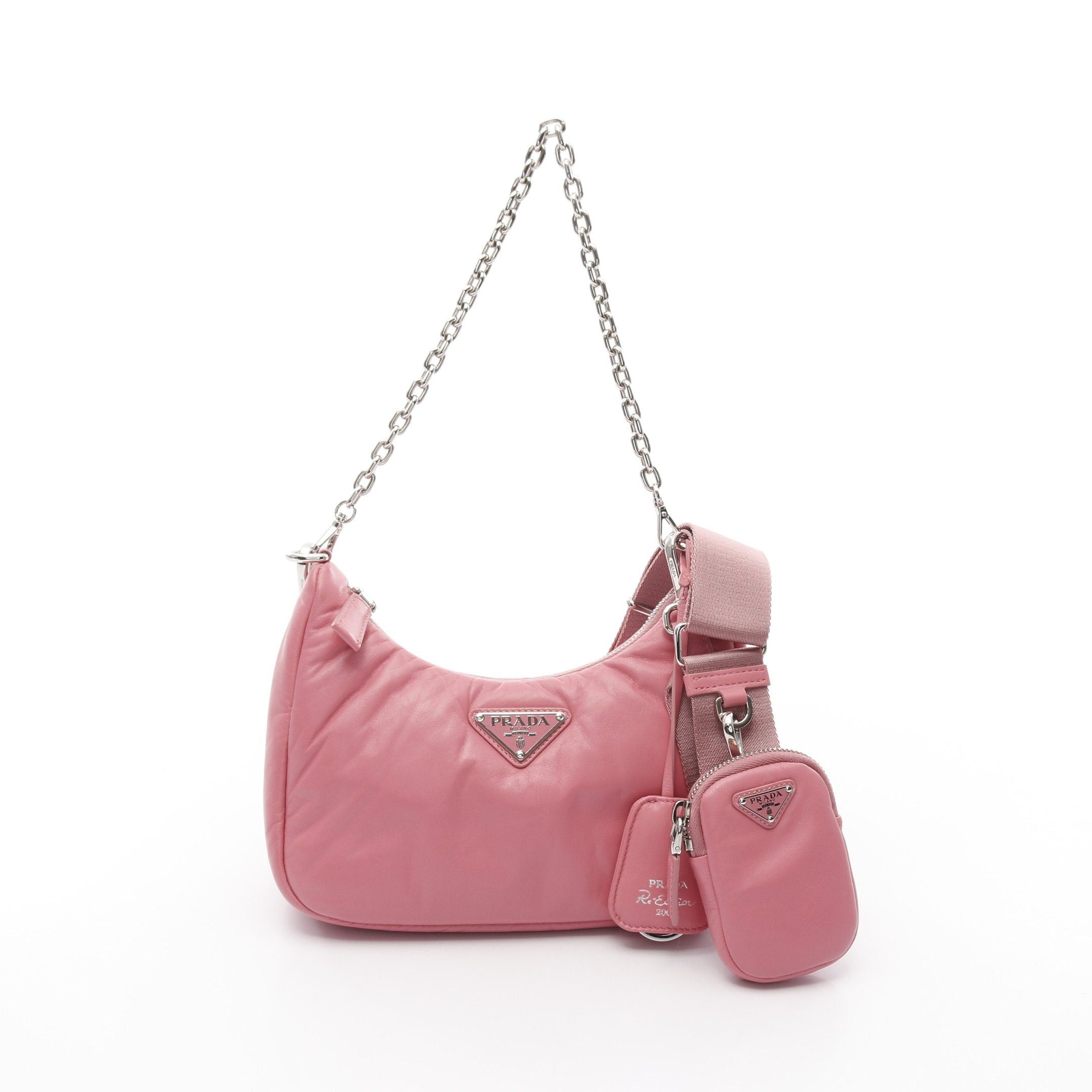 Prada Re-Edition 2005 Embroidery Drill Riamo Fi Chain Shoulder Bag Leather Pink, Women's