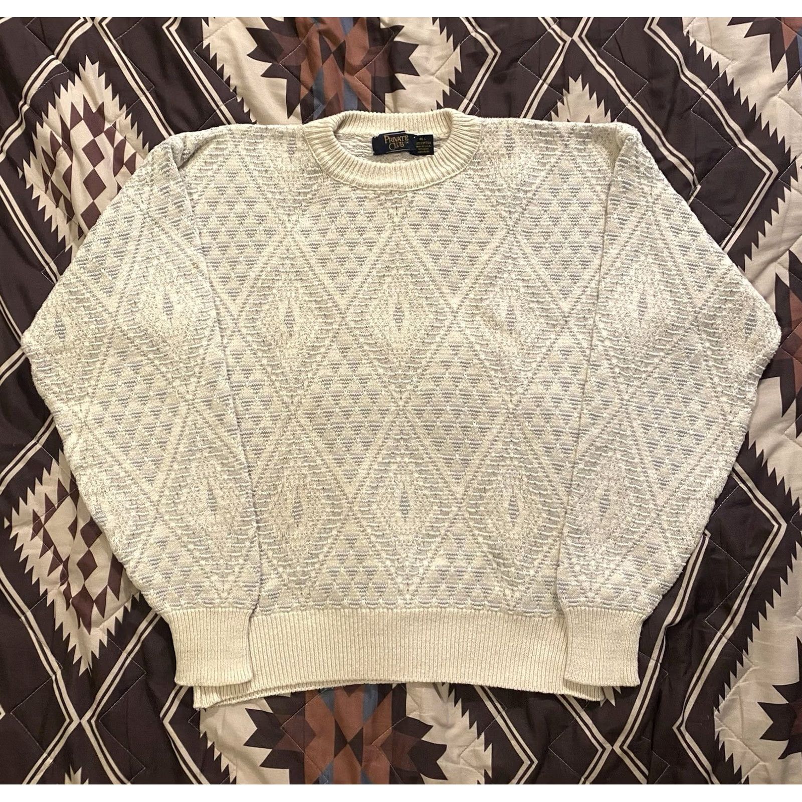 Vintage VINTAGE Private Club 100% Cotton Chunky-Knit Sweater Mens Size L Crew Neck Long Sleeve Ivory Geometric 90s USA Pullover Classic Warmth Size US L / EU 52-54 / 3 - 2 Thumbnail