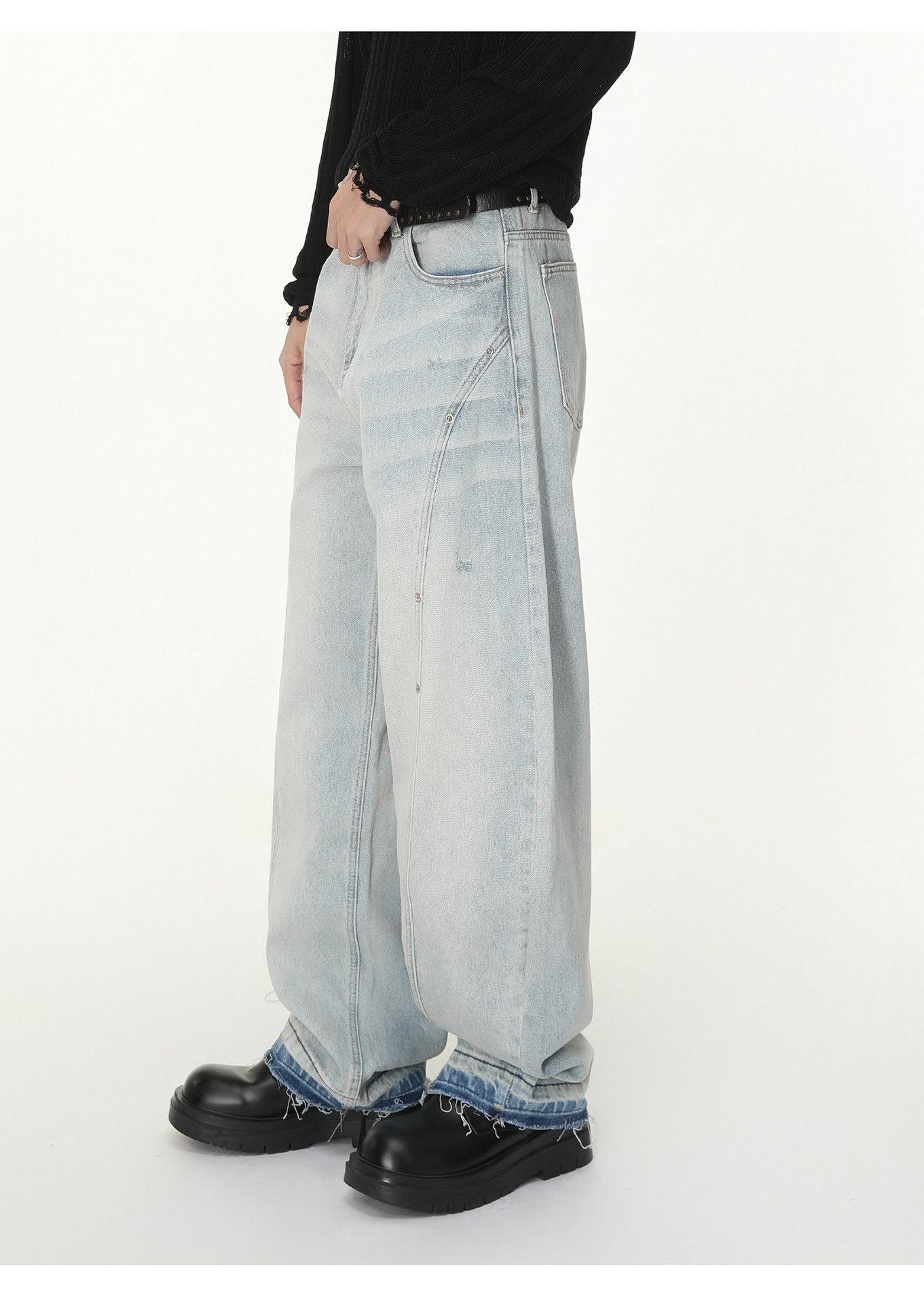 Vintage Men's distressed patchwork wide-leg washed curved jeans Size US 32 / EU 48 - 3 Thumbnail