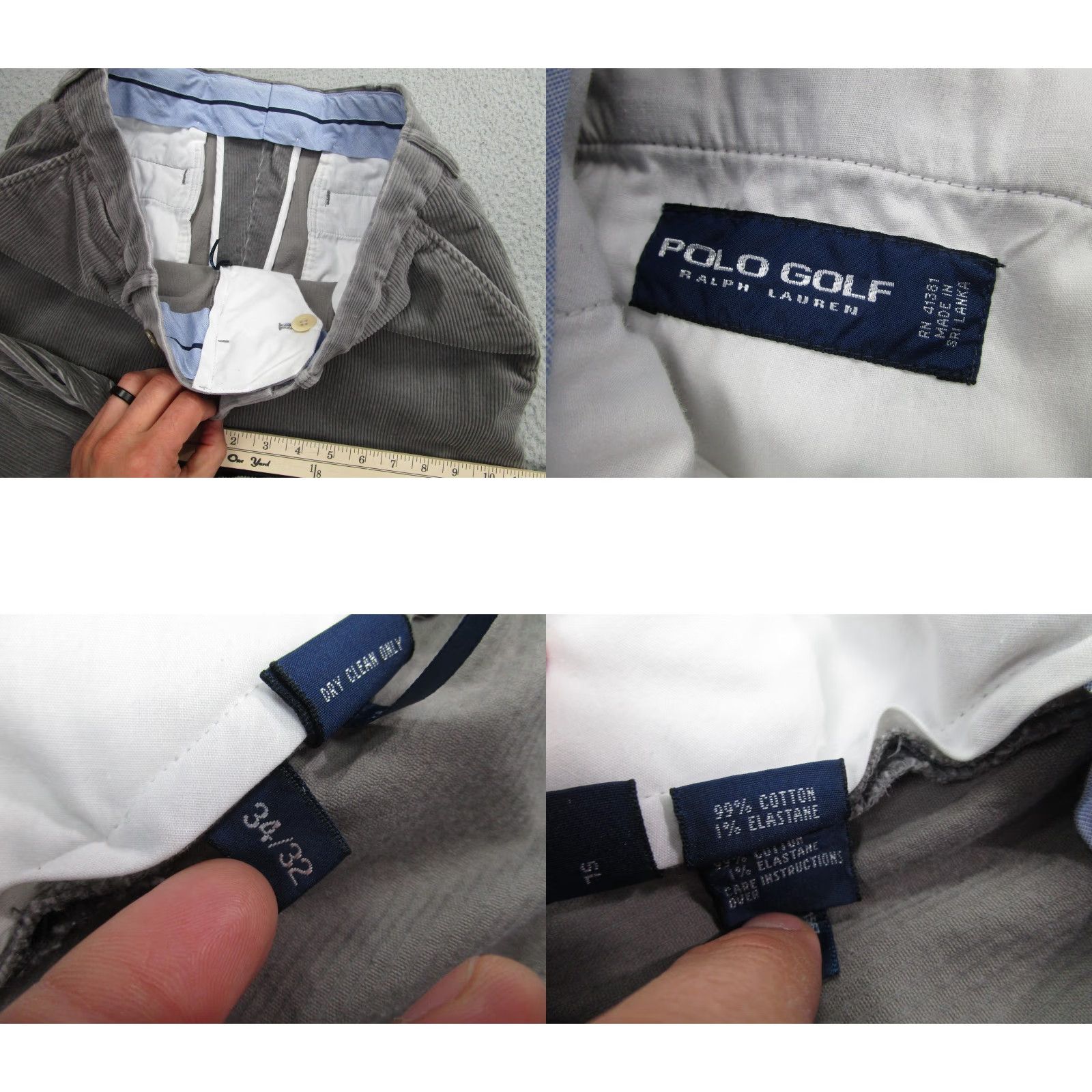 Polo Ralph Lauren Pants Mens 34x32 Gray Corduroy Stretch Classic Fit Chino Casual