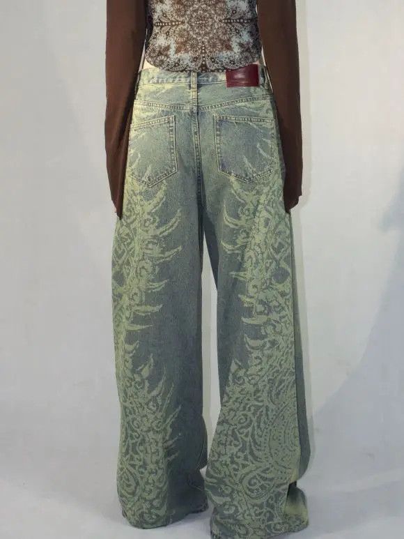 Oversized Retro Printed Sand Wash Jeans