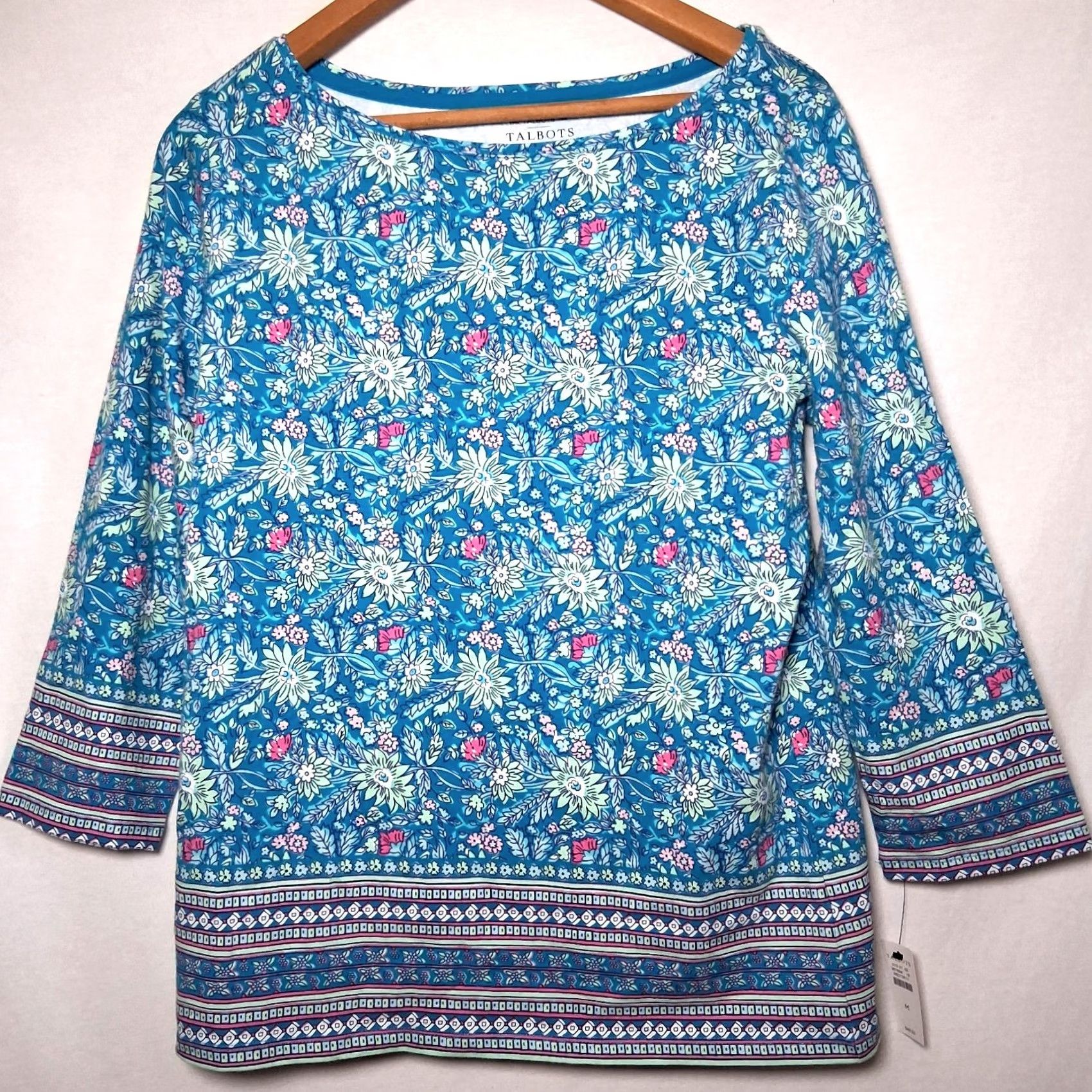 Talbots Talbots Shirt Womens M Blue Pink Mint Floral Striped 3/4 Sleeve Boat Neck Knit Top New Size M / US 6-8 / IT 42-44 - 2 Thumbnail