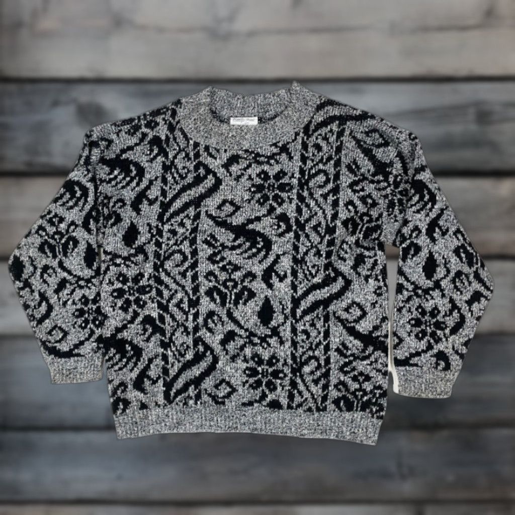Vintage VTG 90s Paisley Pullover Sweater Women M Gray USA Made College Point Knit Crew Neck Long Sleeve Geometric Hipster Vintage Sweater Women M Size M / US 6-8 / IT 42-44 - 1 Thumbnail
