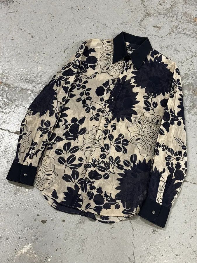 Dolce & Gabbana 2000s Dolce & Gabbana Cream Navy Cotton Floral Shirt Size US M / EU 48-50 / 2 - 5 Thumbnail